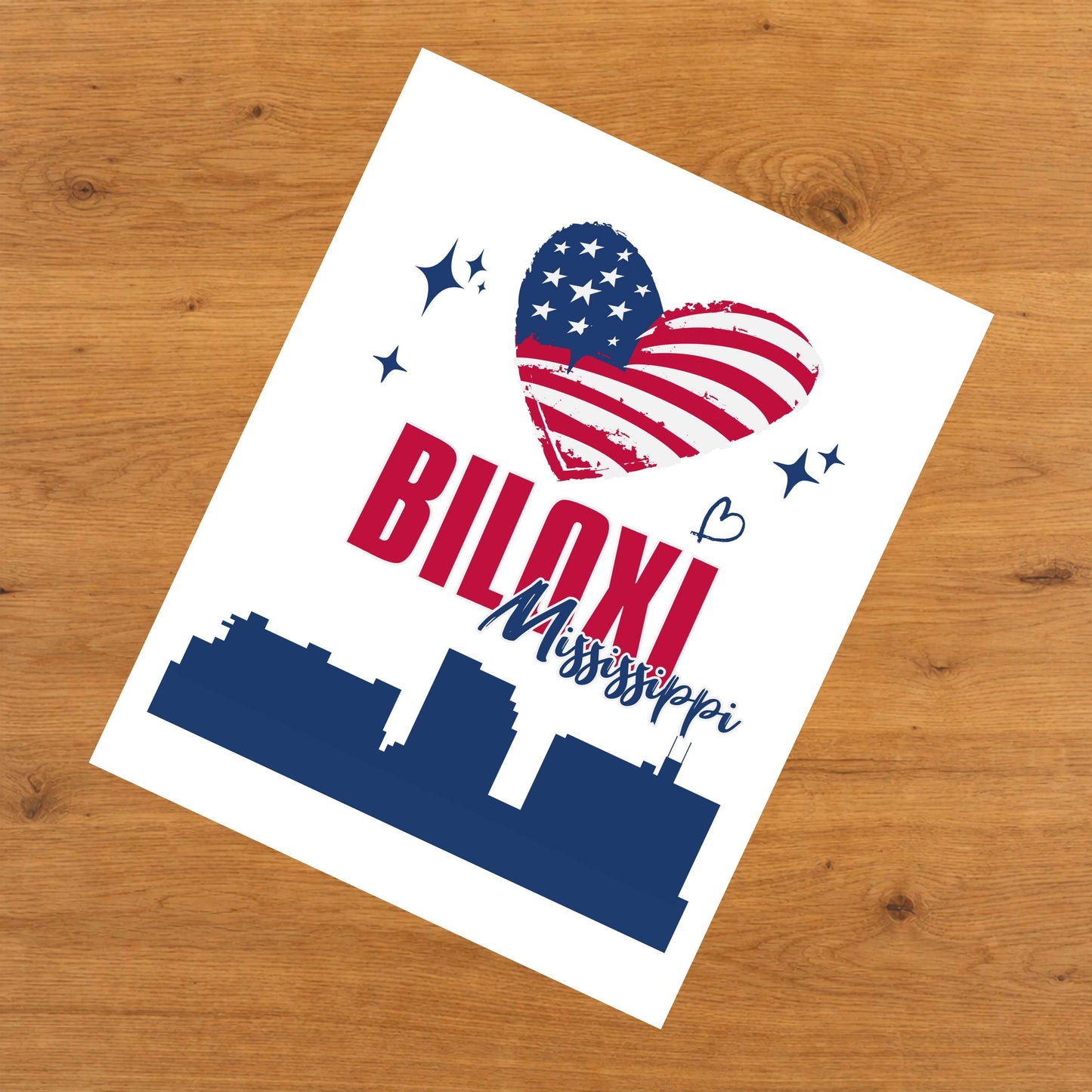 Biloxi Mississippi Skyline American Flag Heart 4th of July 8"x10" Wall Art Print