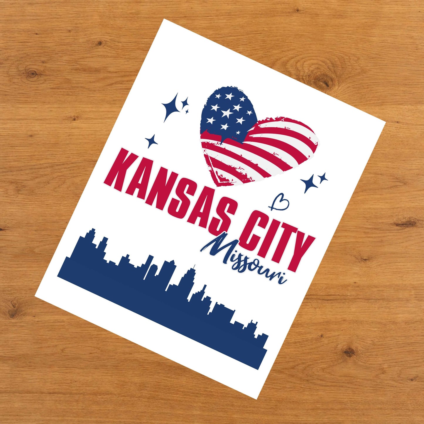 Kansas City Missouri Skyline American Flag Heart 4th of July 8"x10" Wall Art Print