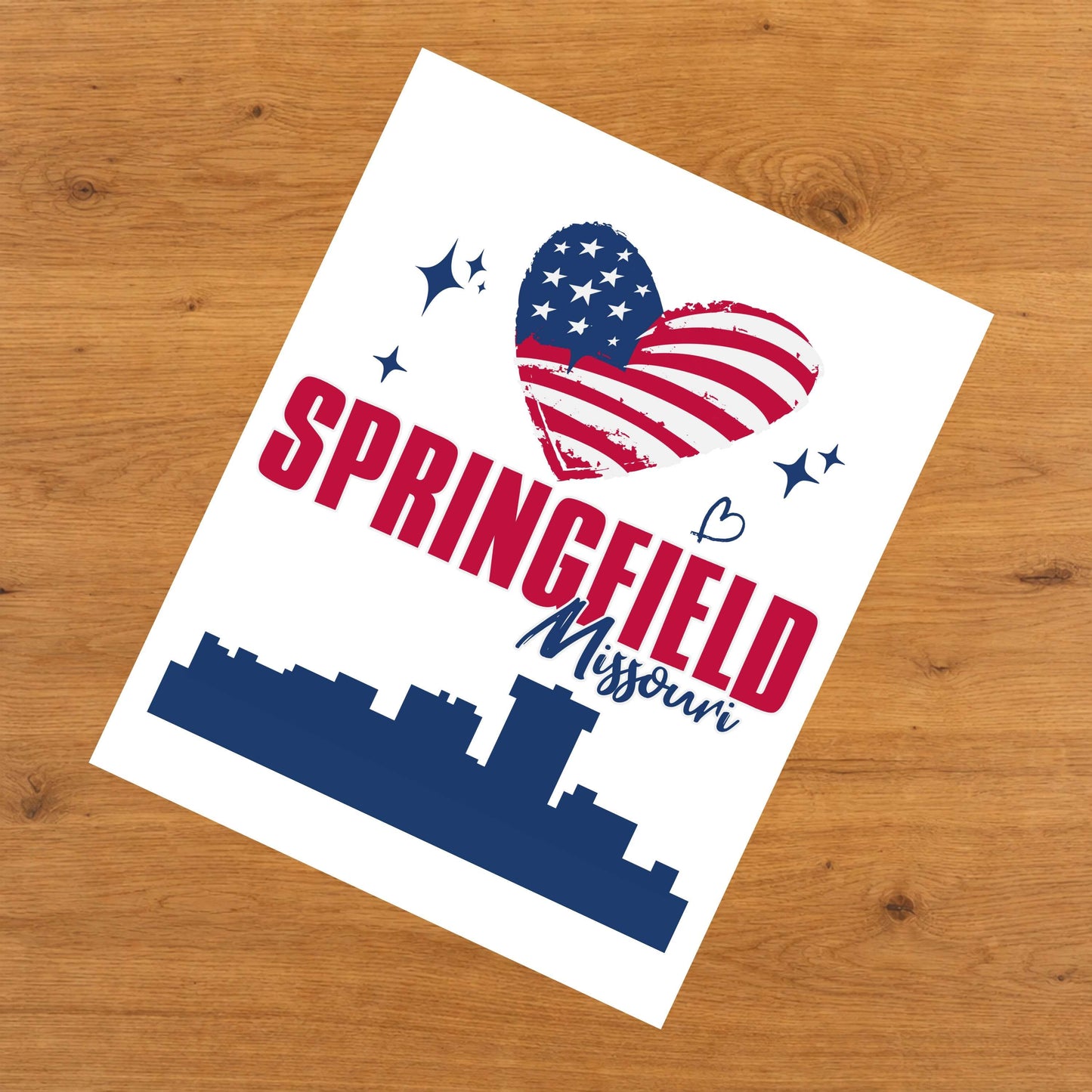 Springfield Missouri Skyline American Flag Heart 4th of July 8"x10" Wall Art Print