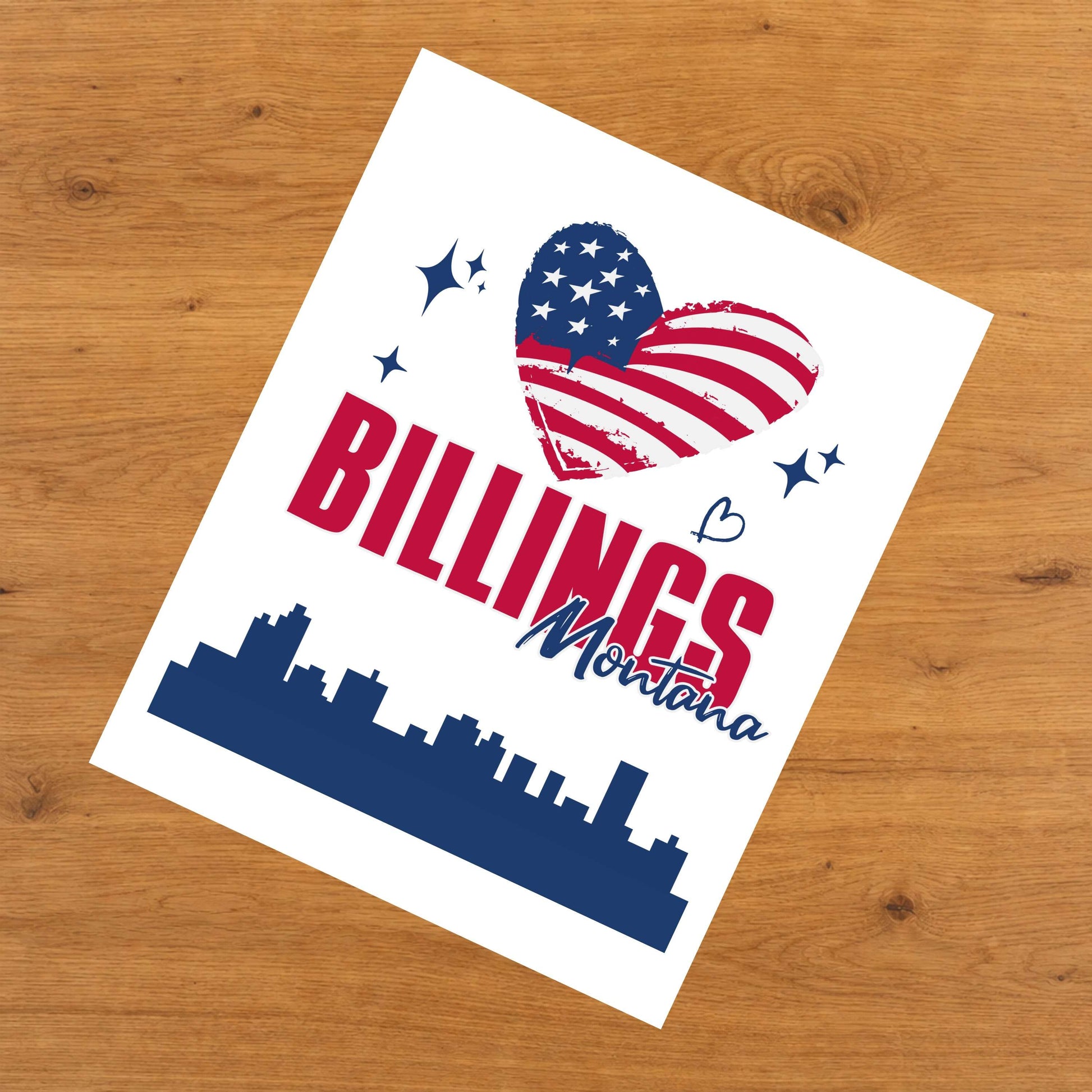Billings Montana Skyline American Flag Heart 4th of July 8"x10" Wall Art Print
