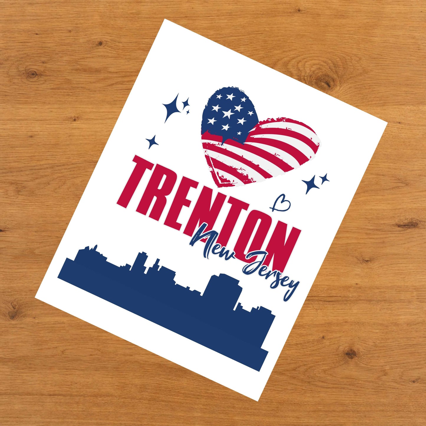 Trenton New Jersey Skyline American Flag Heart 4th of July 8"x10" Wall Art Print