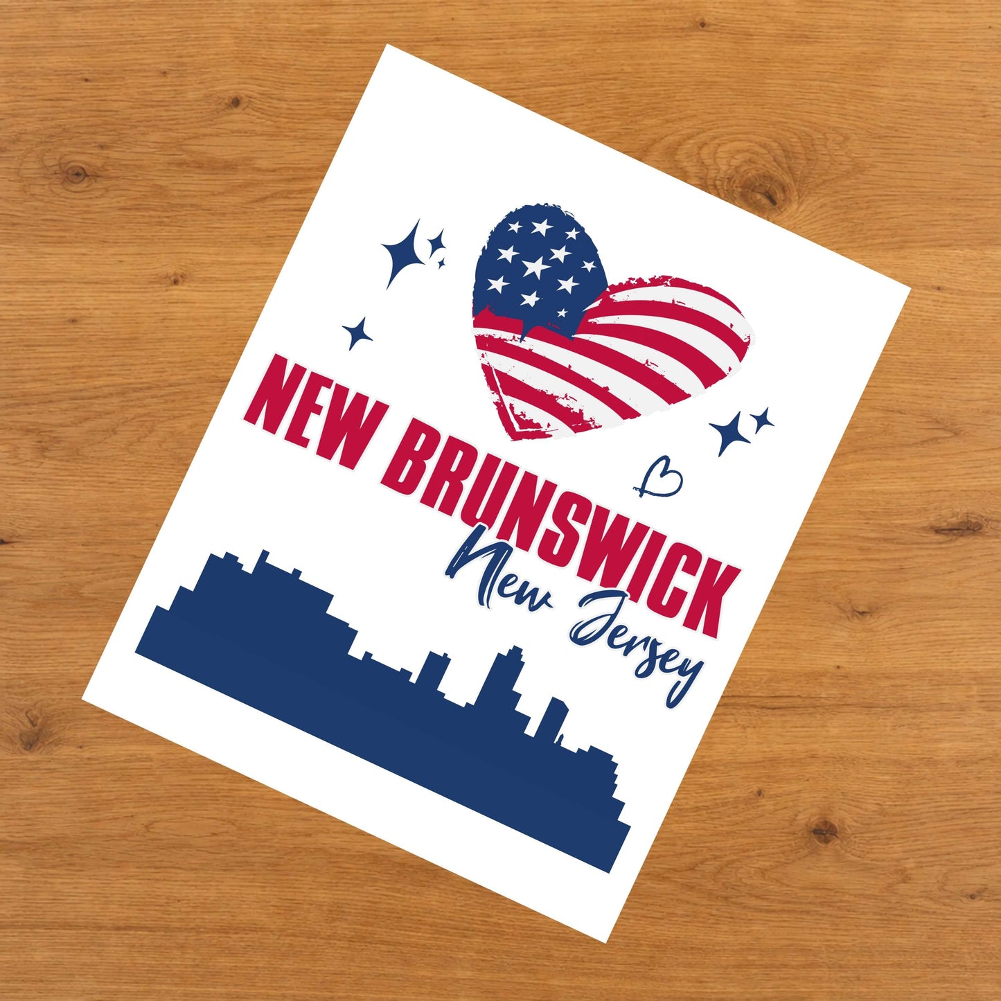 New Brunswick New Jersey Skyline American Flag Heart 4th of July 8"x10" Wall Art Print