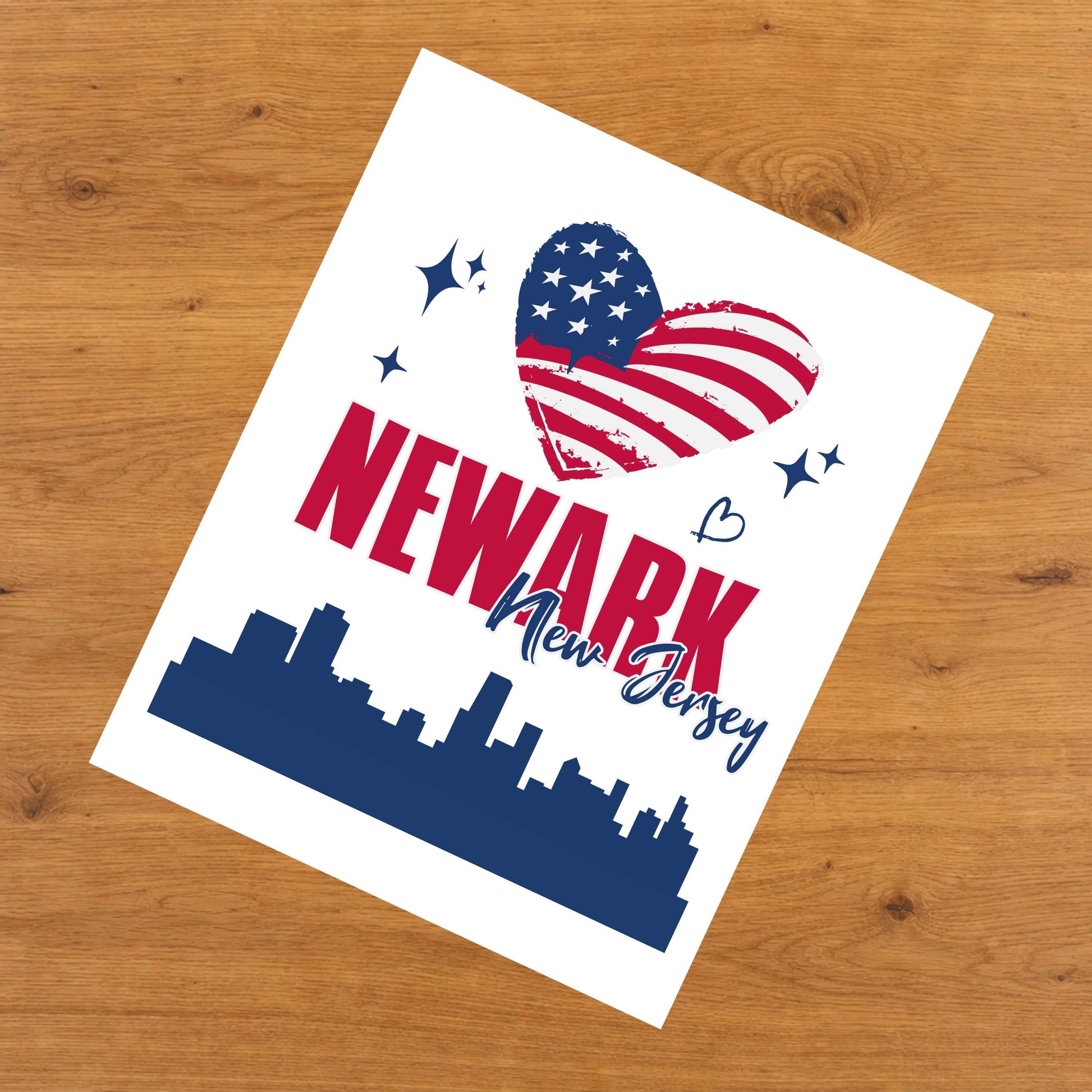 Newark New Jersey Skyline American Flag Heart 4th of July 8"x10" Wall Art Print