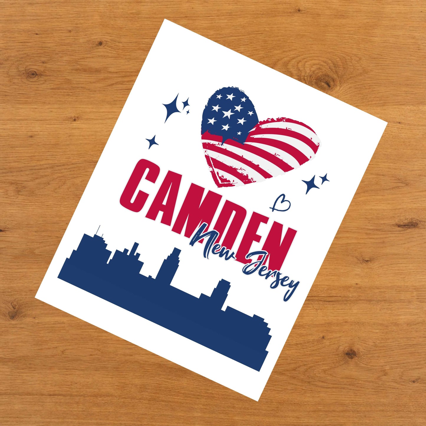 Camden New Jersey Skyline American Flag Heart 4th of July 8"x10" Wall Art Print