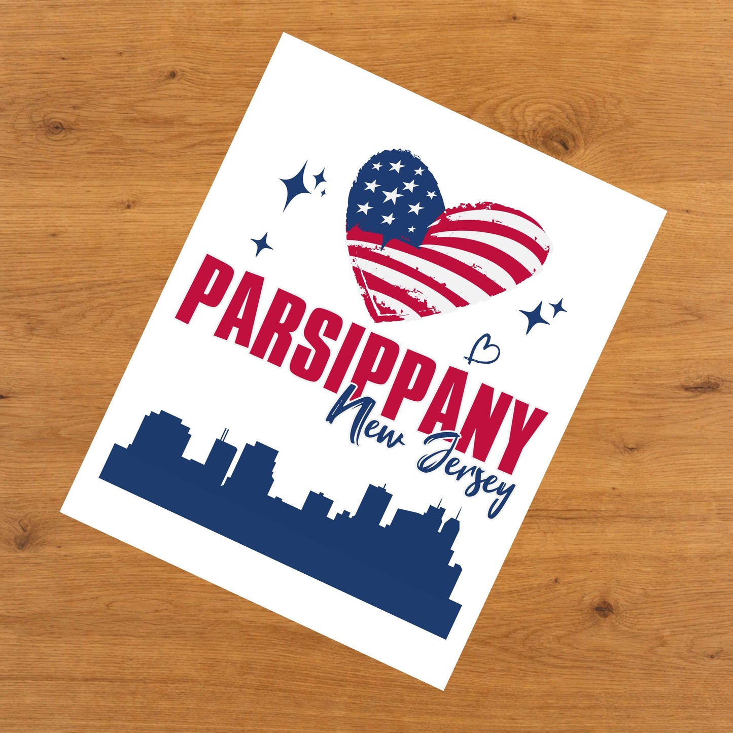 Parsippany New Jersey Skyline American Flag Heart 4th of July 8"x10" Wall Art Print
