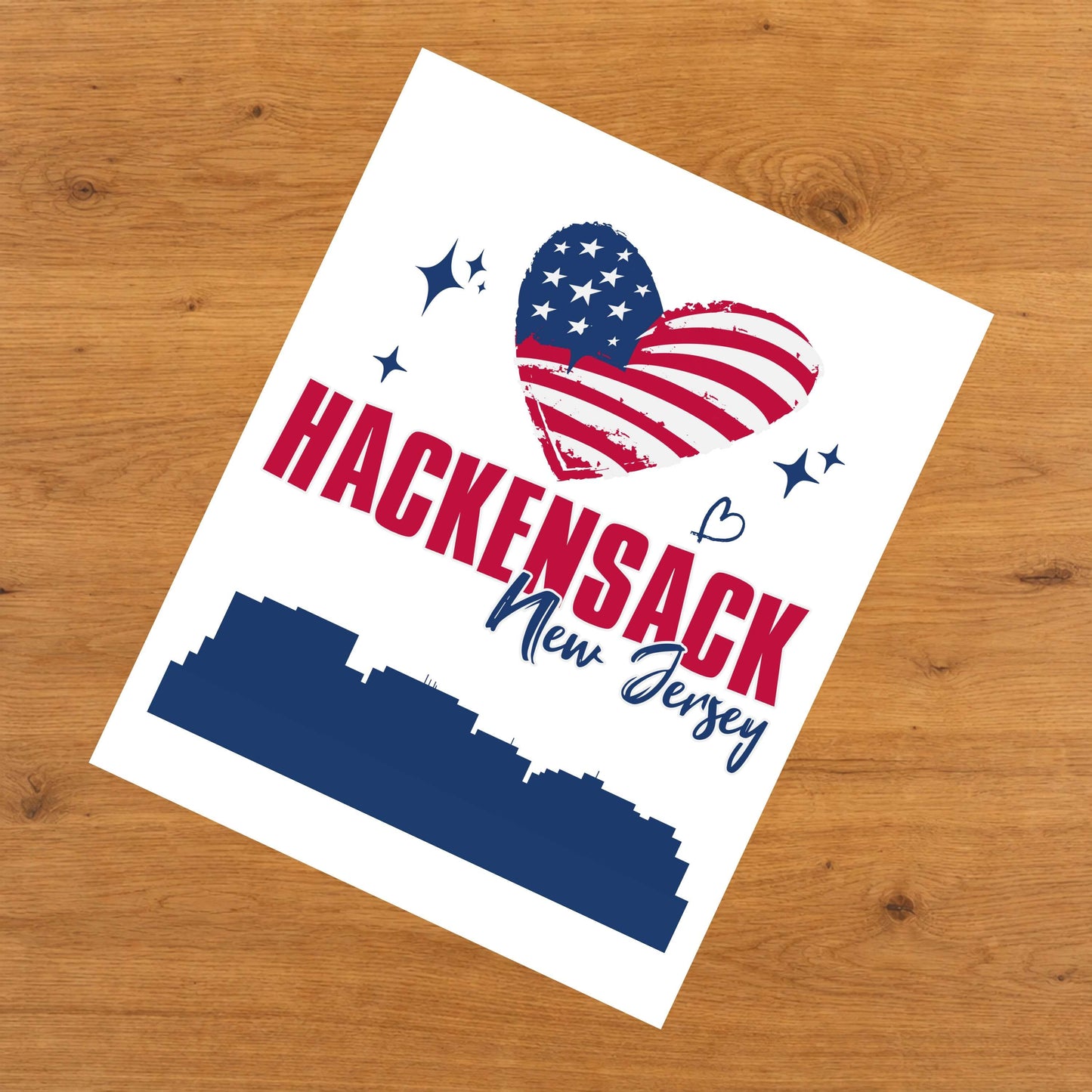 Hackensack New Jersey Skyline American Flag Heart 4th of July 8"x10" Wall Art Print