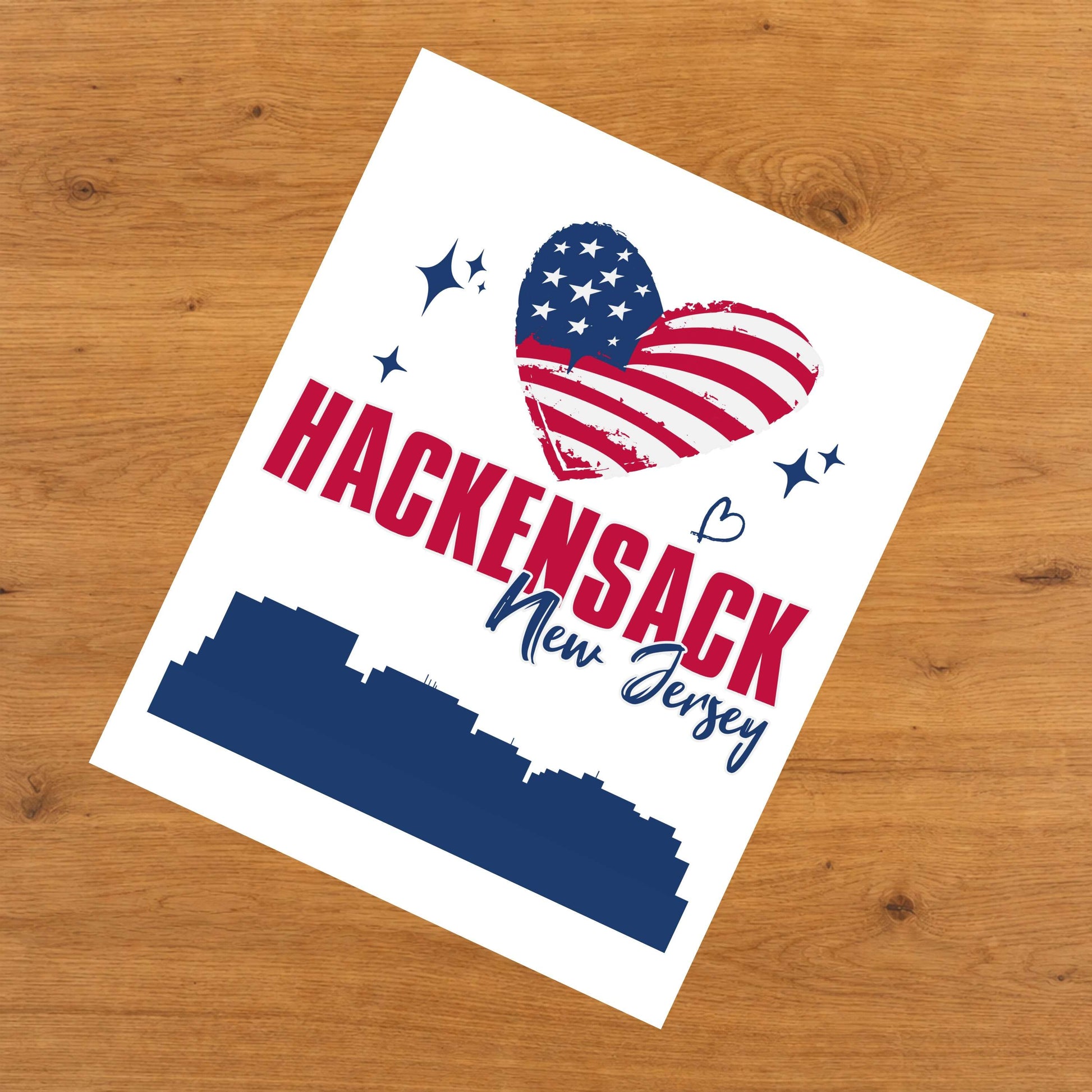 Hackensack New Jersey Skyline American Flag Heart 4th of July 8"x10" Wall Art Print
