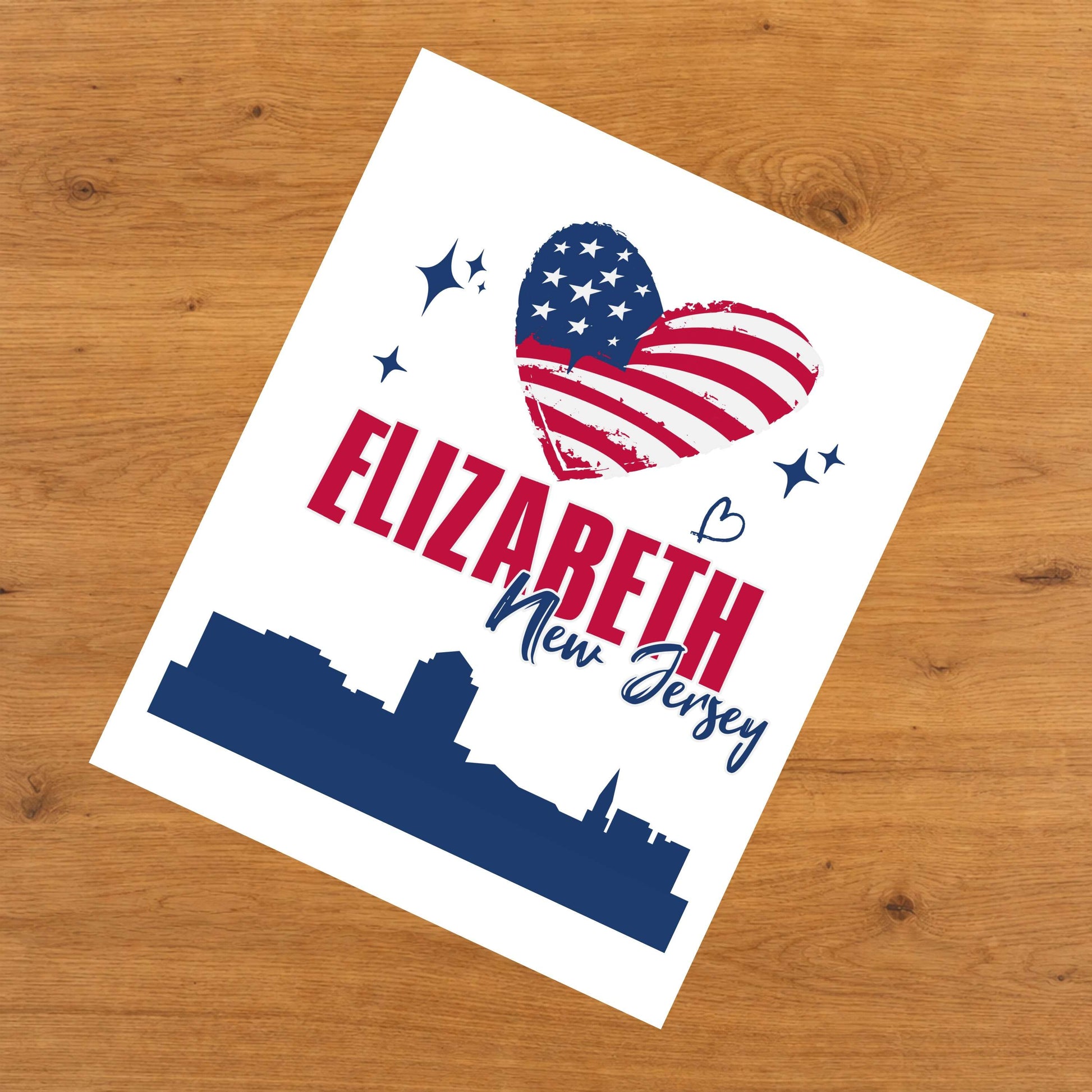 Elizabeth New Jersey Skyline American Flag Heart 4th of July 8"x10" Wall Art Print