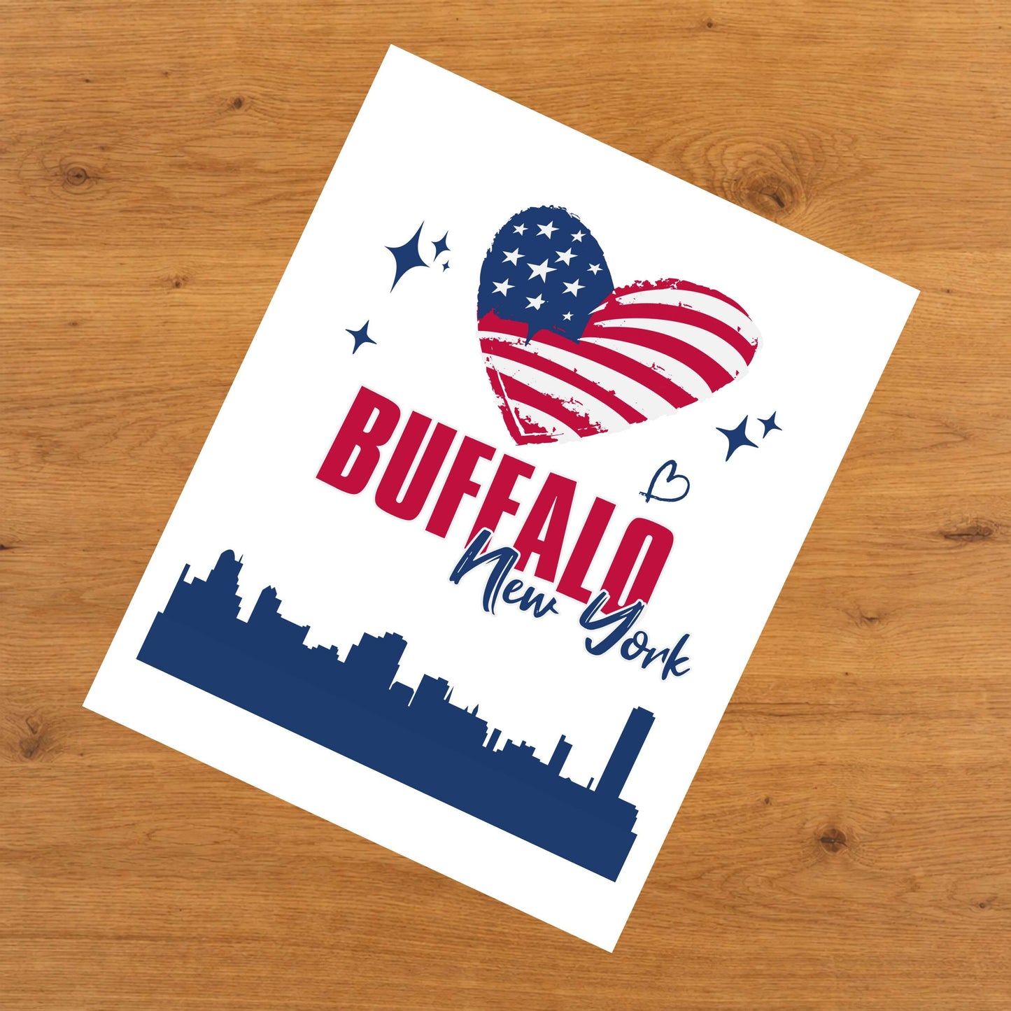 Buffalo New York Skyline American Flag Heart 4th of July 8"x10" Wall Art Print