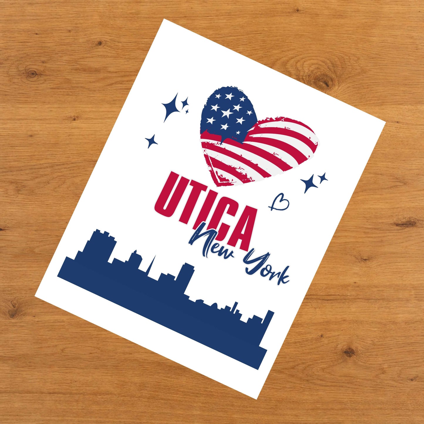 Utica New York Skyline American Flag Heart 4th of July 8"x10" Wall Art Print