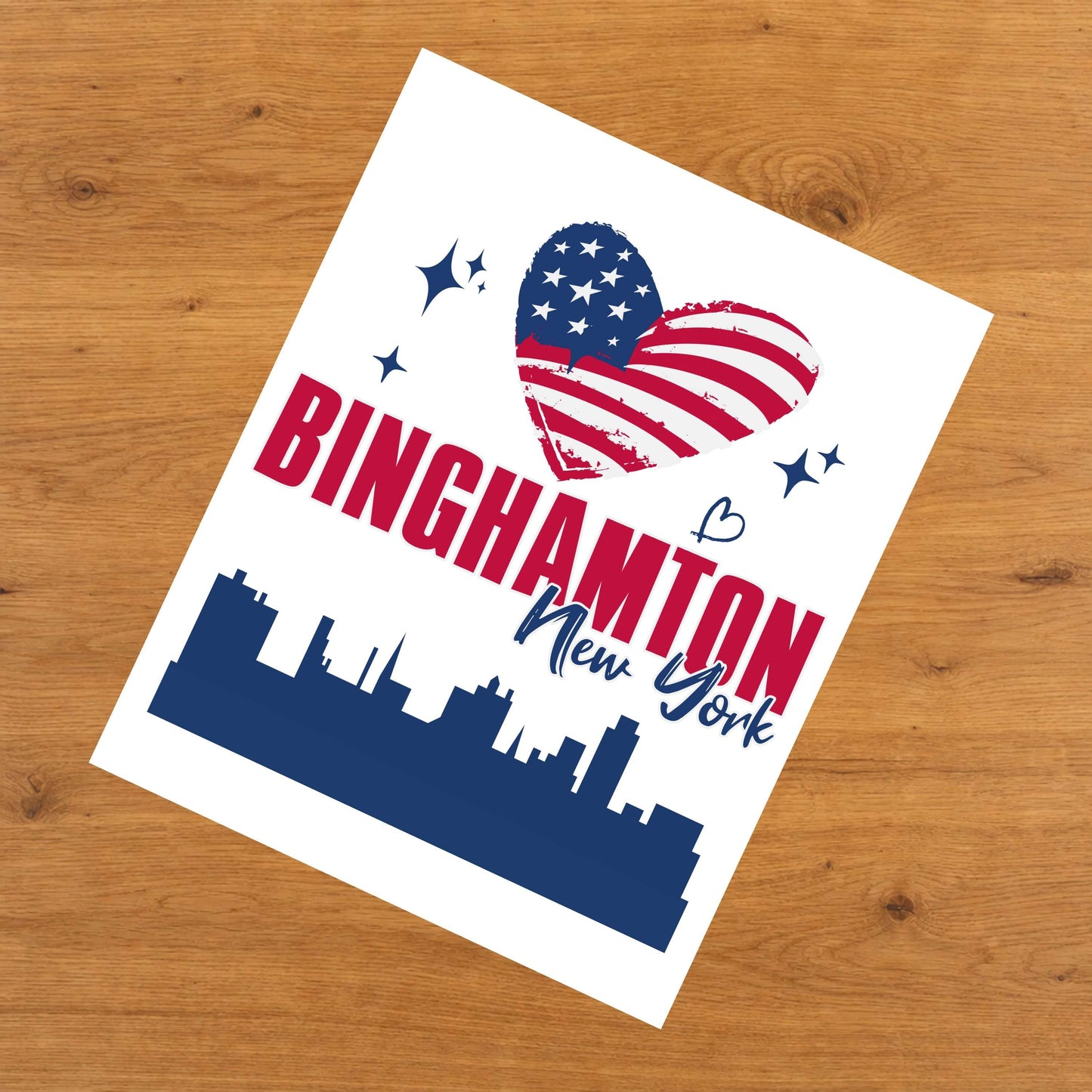 Binghamton New York Skyline American Flag Heart 4th of July 8"x10" Wall Art Print