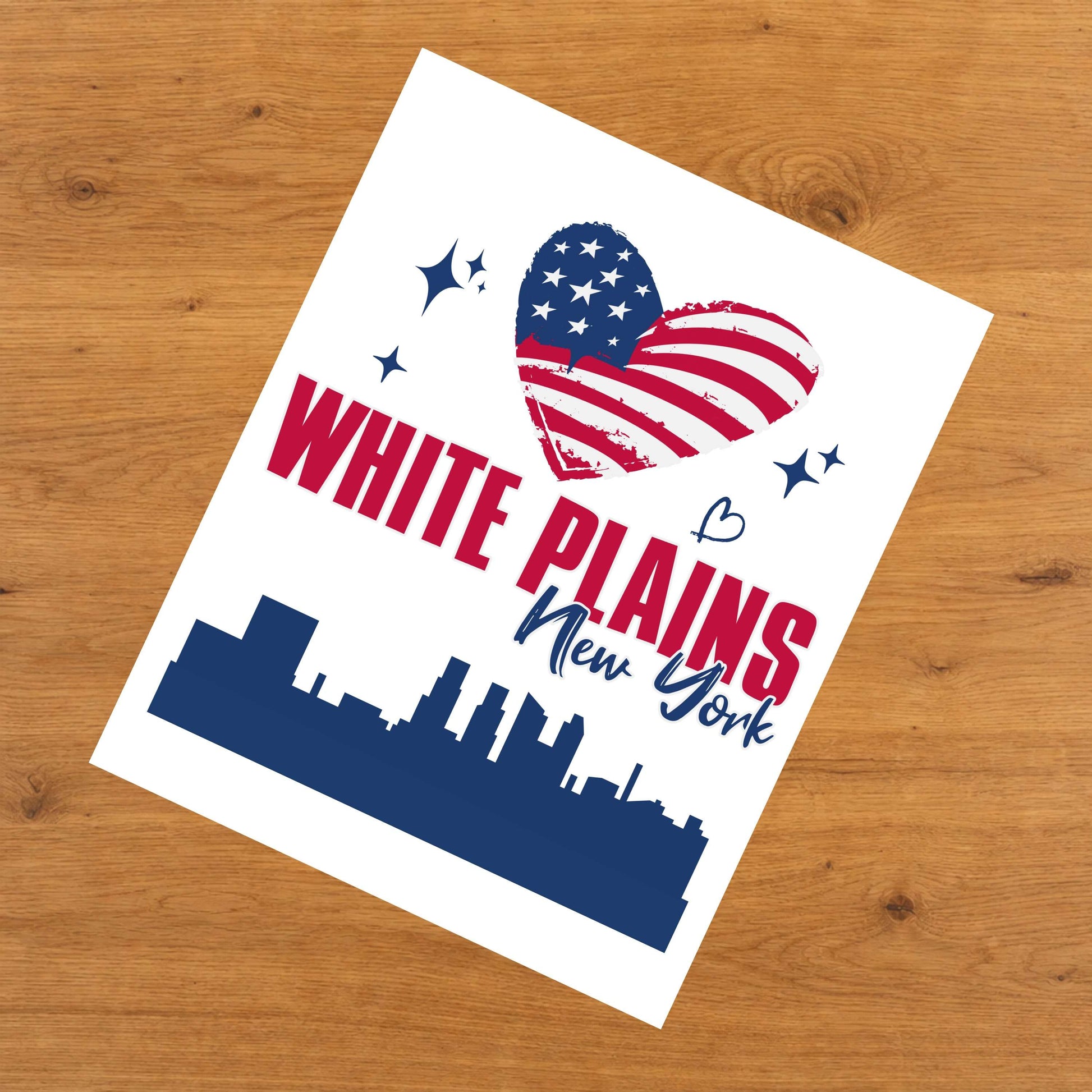 White Plains New York Skyline American Flag Heart 4th of July 8"x10" Wall Art Print