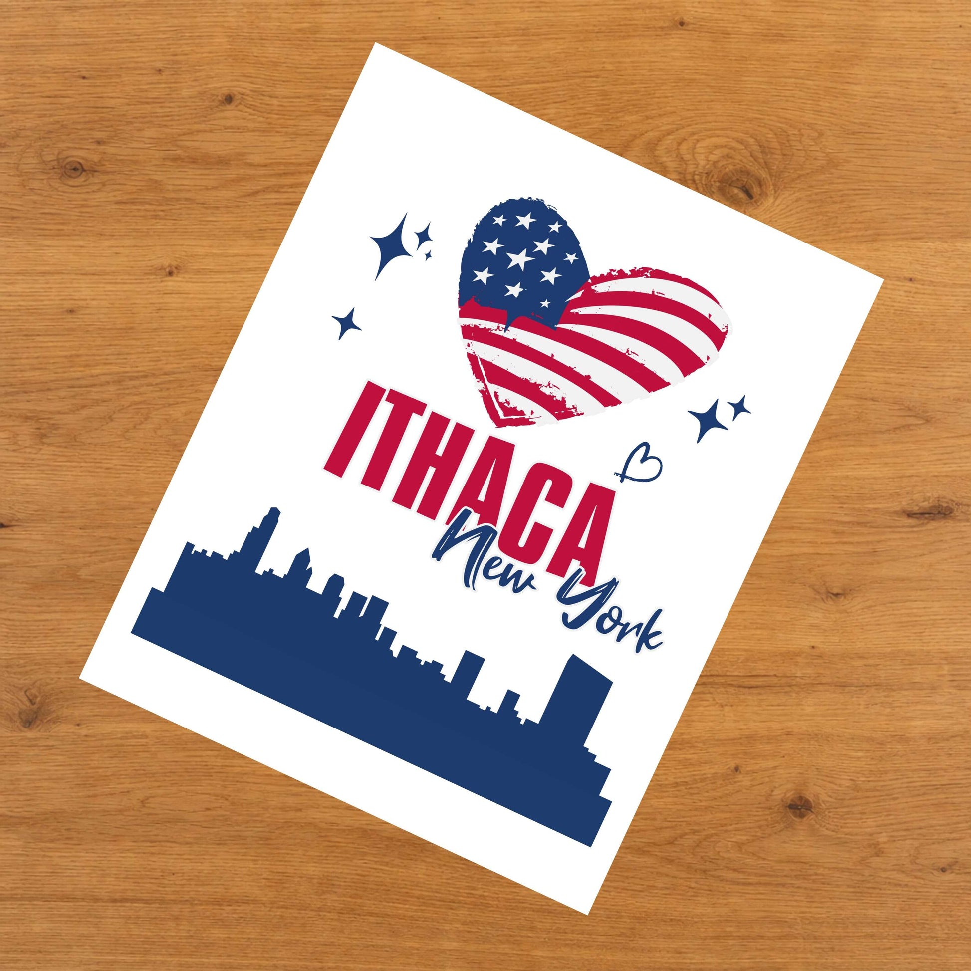 Ithaca New York Skyline American Flag Heart 4th of July 8"x10" Wall Art Print