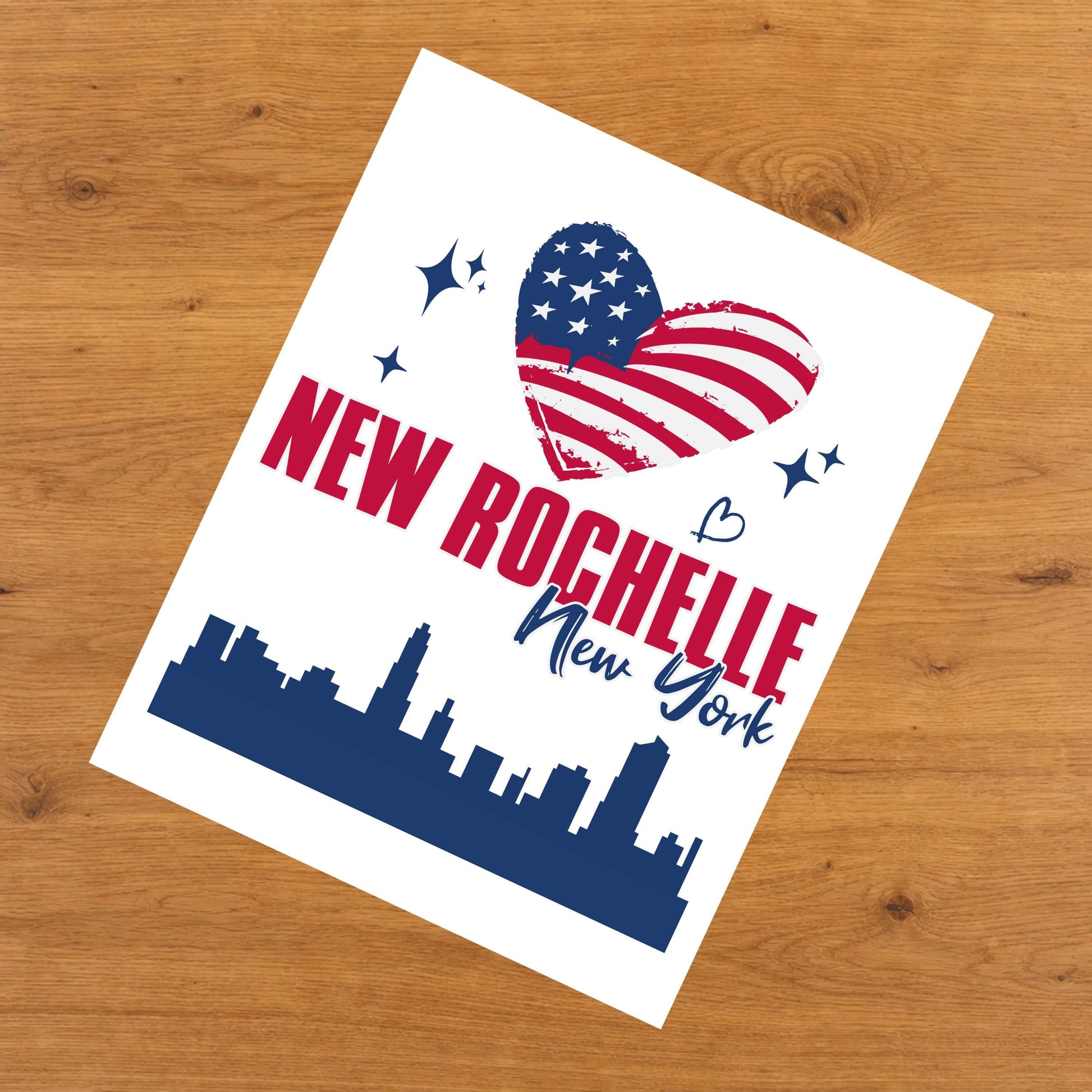 New Rochelle New York Skyline American Flag Heart 4th of July 8"x10" Wall Art Print