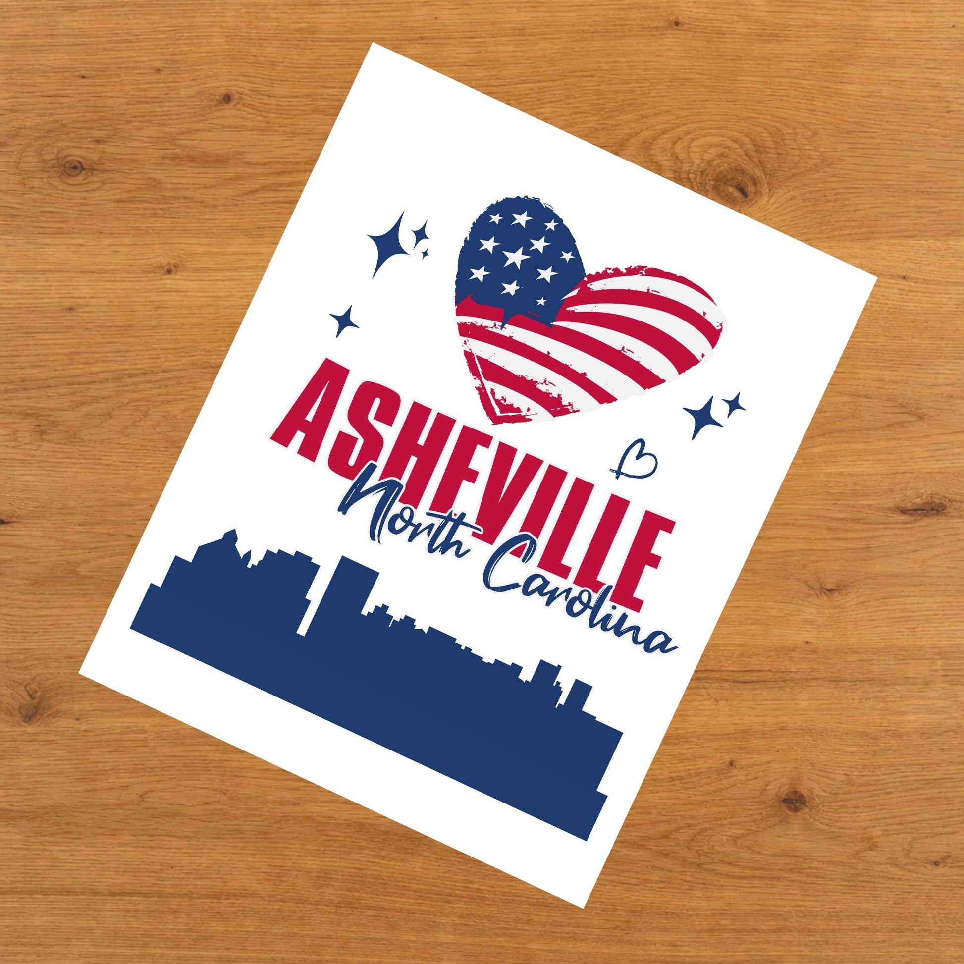 Asheville North Carolina Skyline American Flag Heart 4th of July 8"x10" Wall Art Print