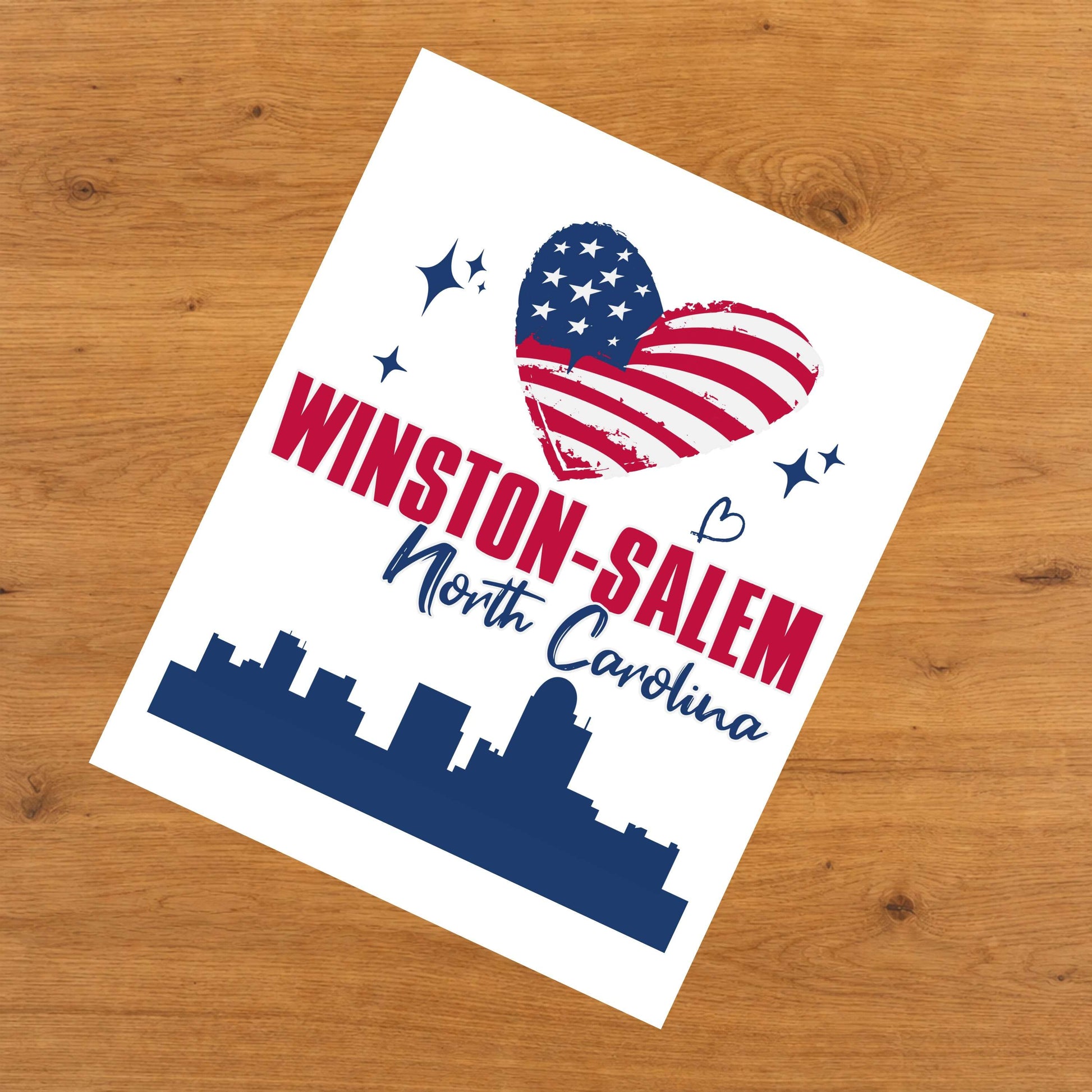 Winston-Salem North Carolina Skyline American Flag Heart 4th of July 8"x10" Wall Art Print
