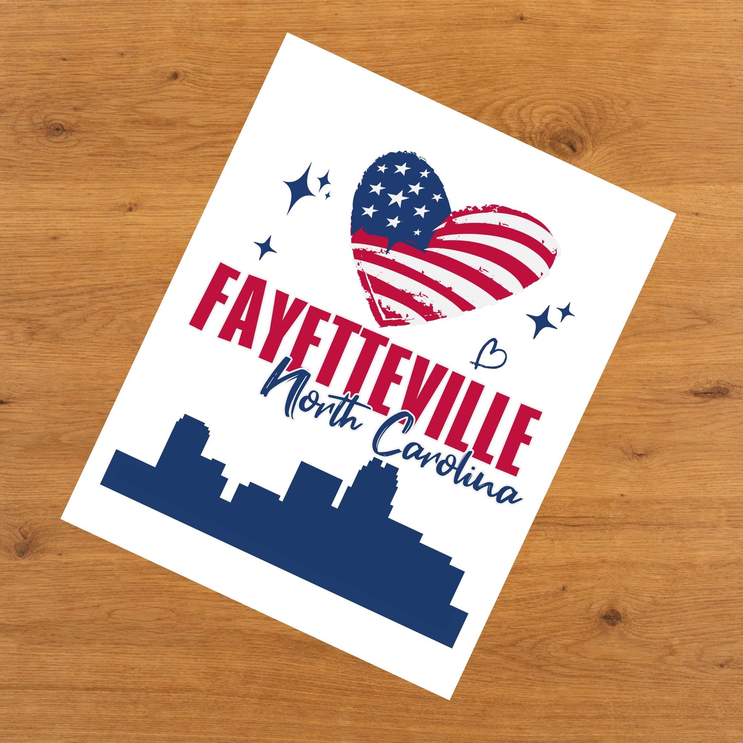 Fayetteville North Carolina Skyline American Flag Heart 4th of July 8"x10" Wall Art Print