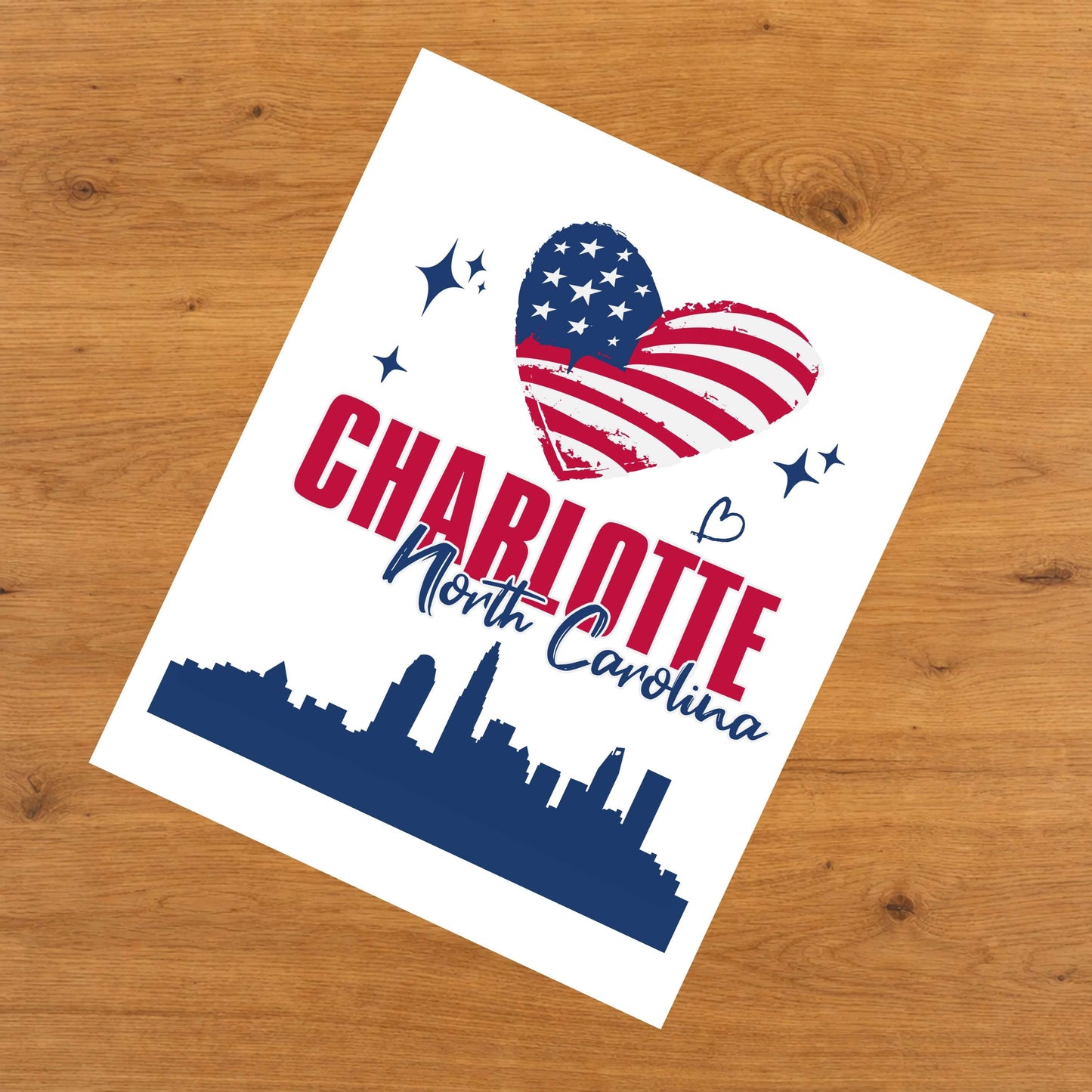 Charlotte North Carolina Skyline American Flag Heart 4th of July 8"x10" Wall Art Print