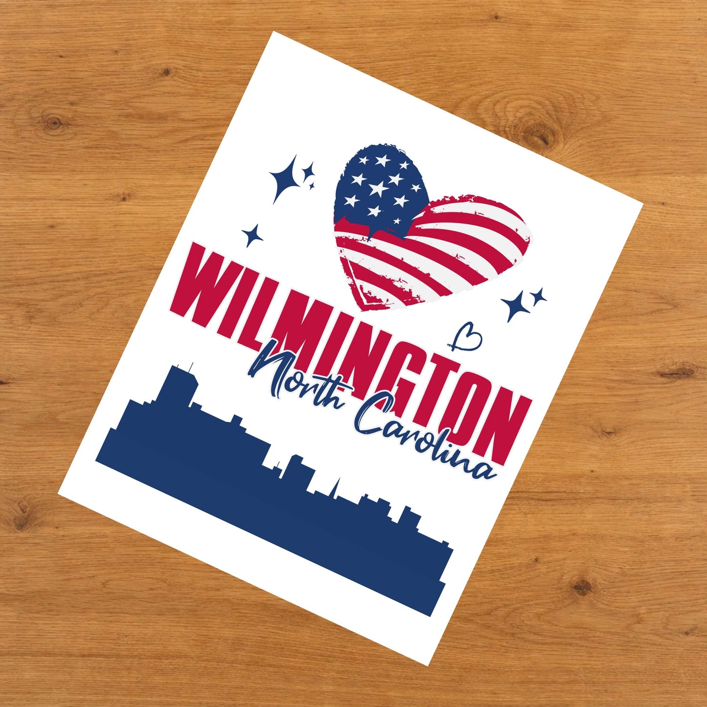 Wilmington North Carolina Skyline American Flag Heart 4th of July 8"x10" Wall Art Print