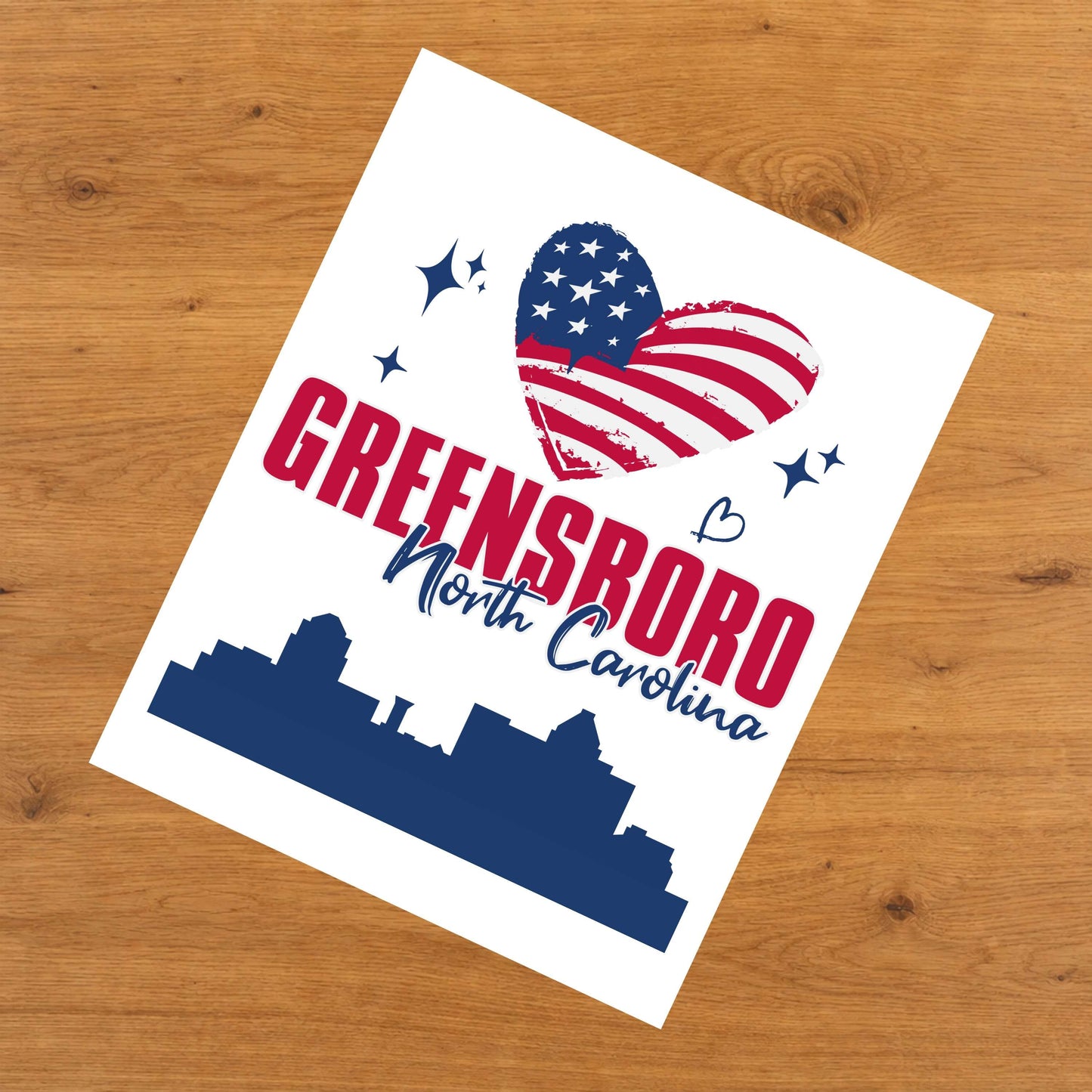 Greensboro North Carolina Skyline American Flag Heart 4th of July 8"x10" Wall Art Print
