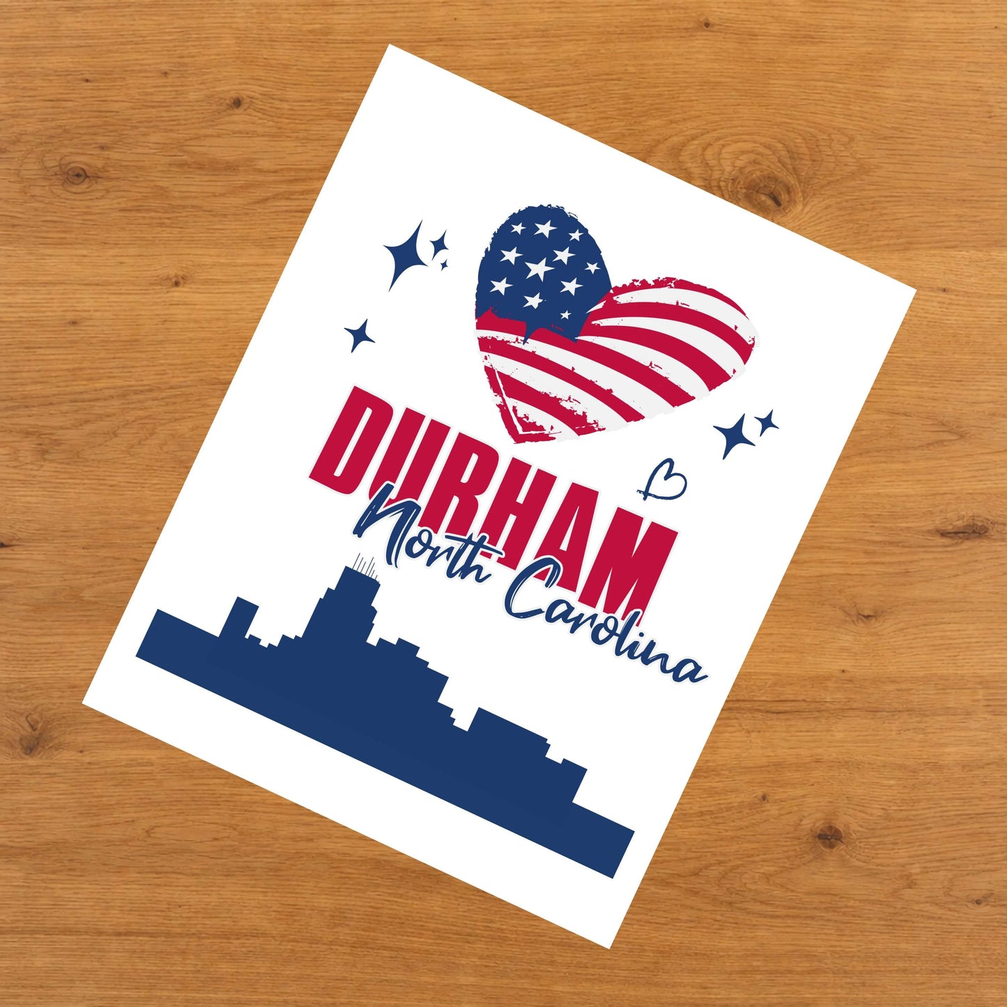 Durham North Carolina Skyline American Flag Heart 4th of July 8"x10" Wall Art Print
