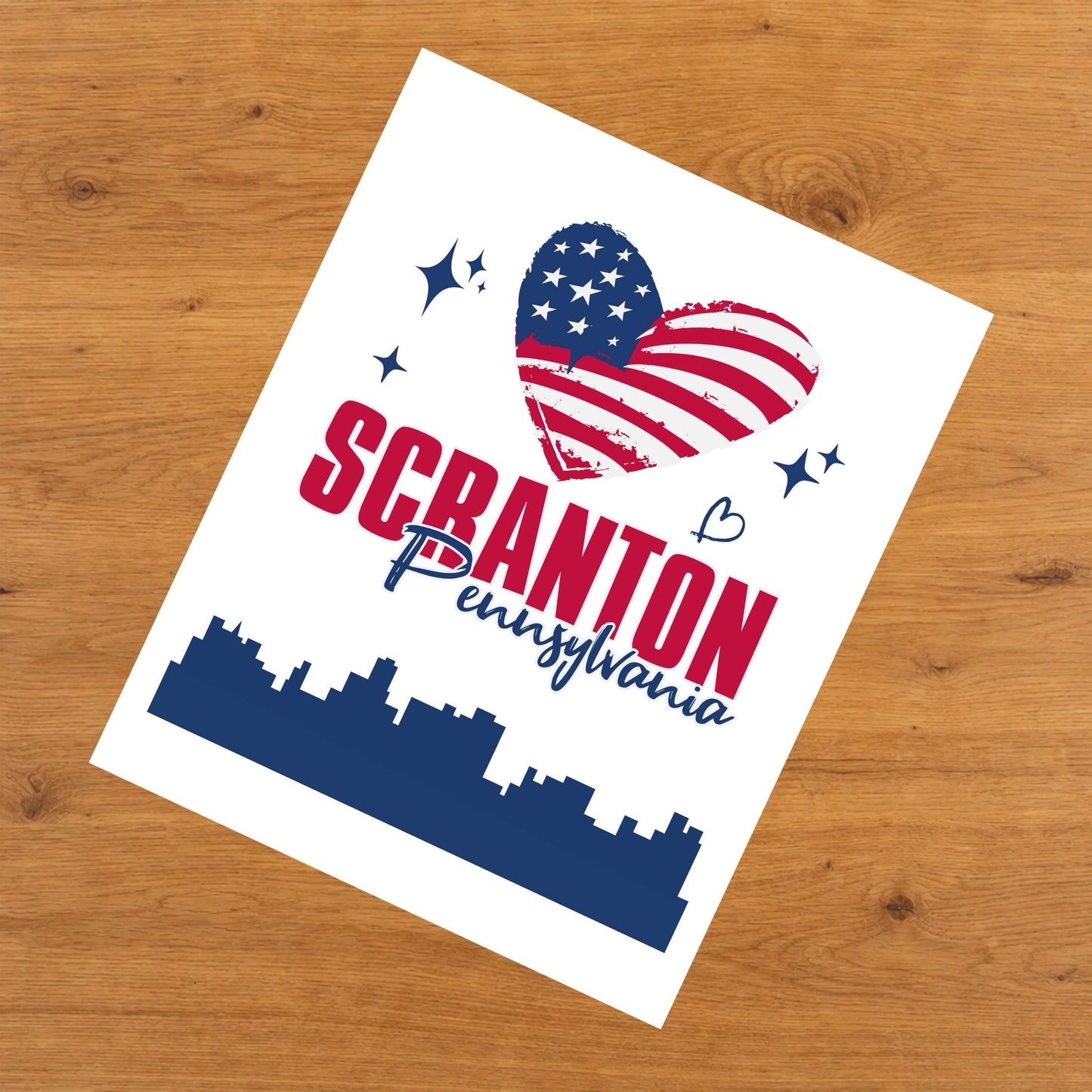 Scranton Pennsylvania Skyline American Flag Heart 4th of July 8"x10" Wall Art Print