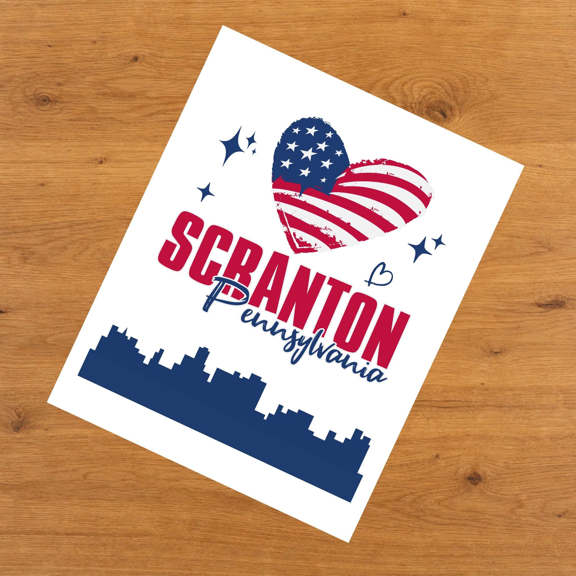 Scranton Pennsylvania Skyline American Flag Heart 4th of July 8"x10" Wall Art Print