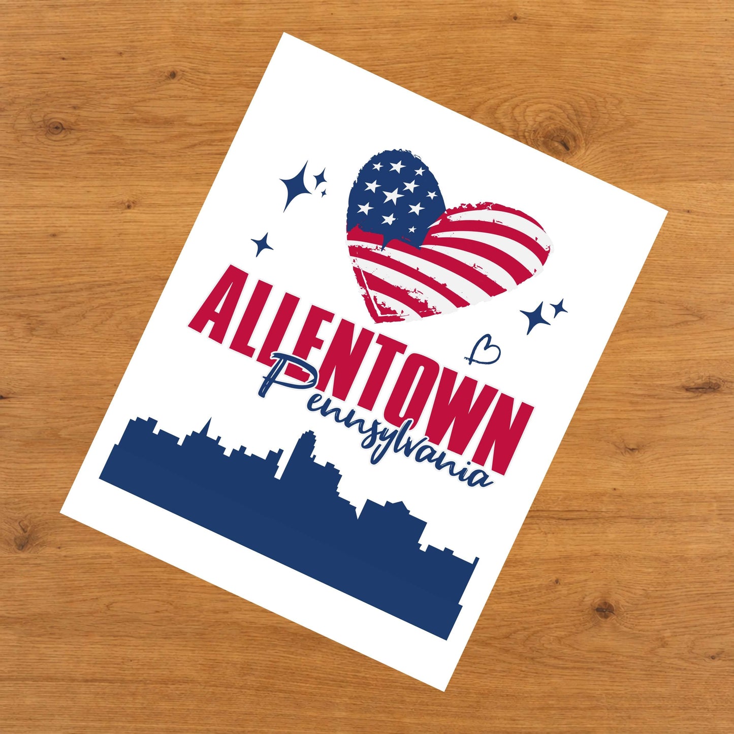 Allentown Pennsylvania Skyline American Flag Heart 4th of July 8"x10" Wall Art Print