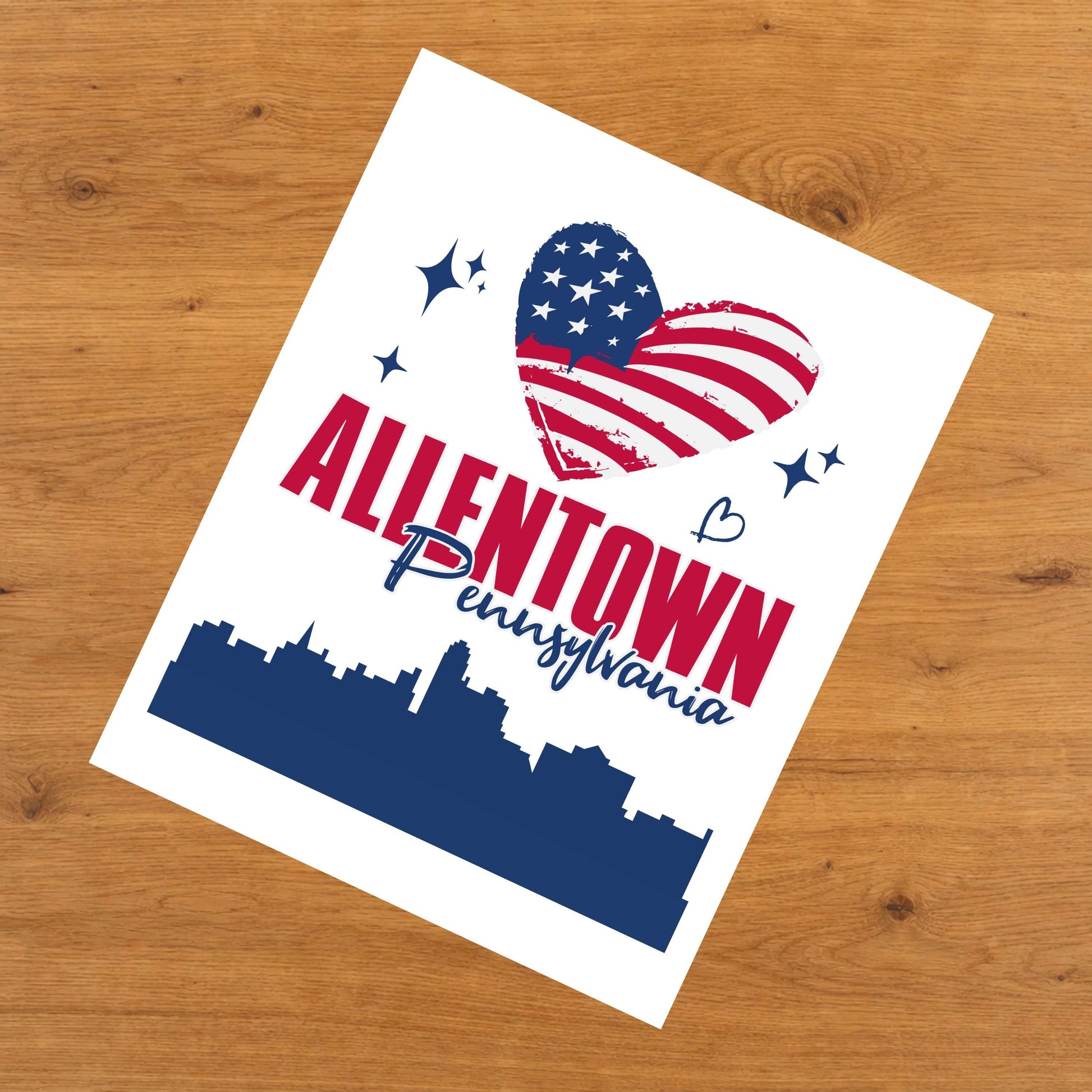 Allentown Pennsylvania Skyline American Flag Heart 4th of July 8"x10" Wall Art Print