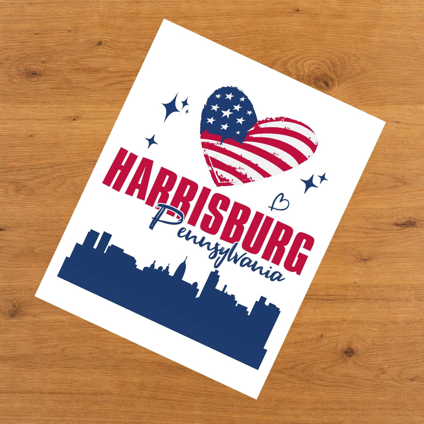 Harrisburg Pennsylvania Skyline American Flag Heart 4th of July 8"x10" Wall Art Print