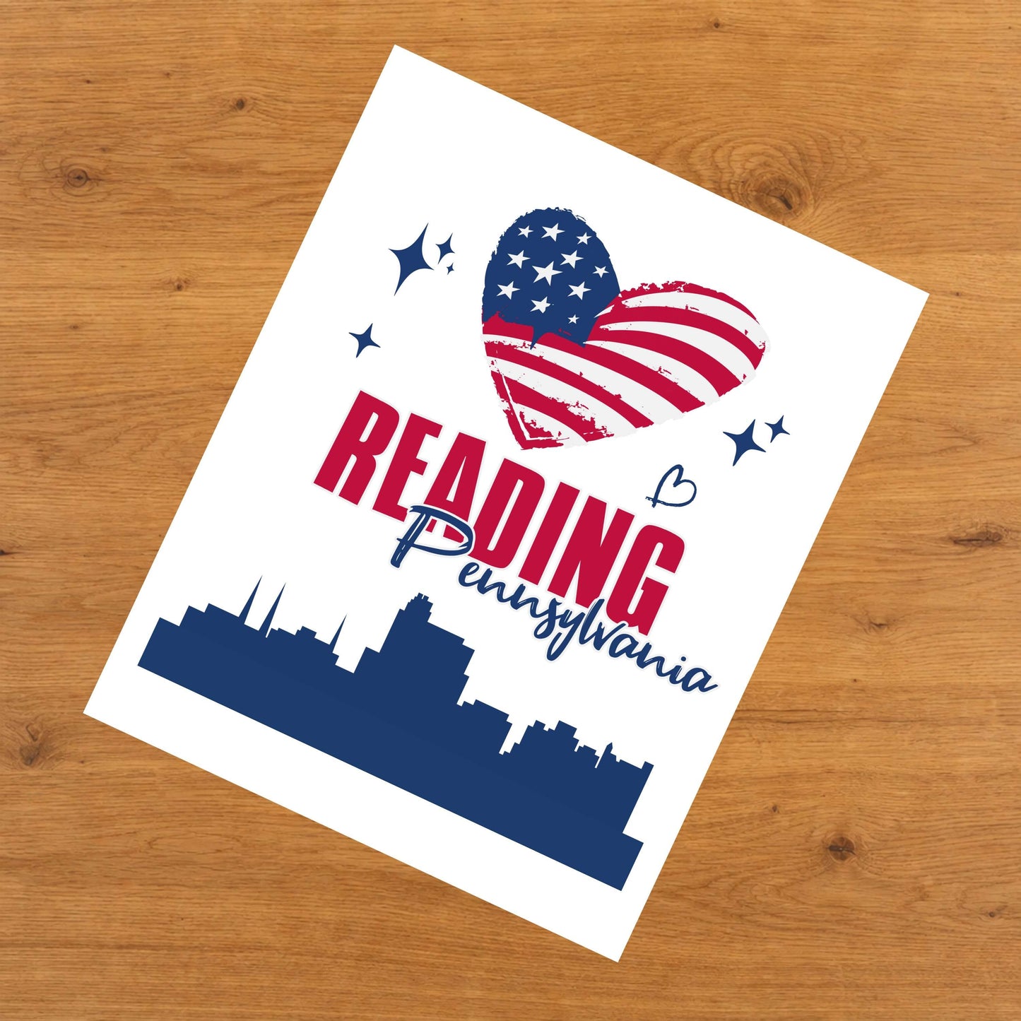 Reading Pennsylvania Skyline American Flag Heart 4th of July 8"x10" Wall Art Print