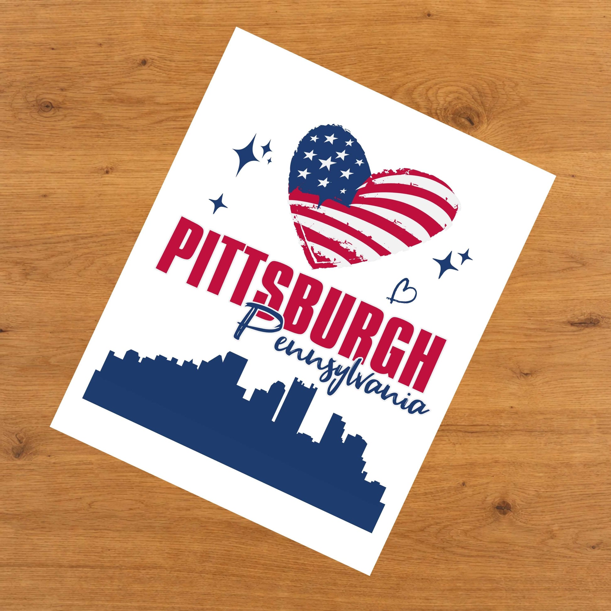 Pittsburgh Pennsylvania Skyline American Flag Heart 4th of July 8"x10" Wall Art Print