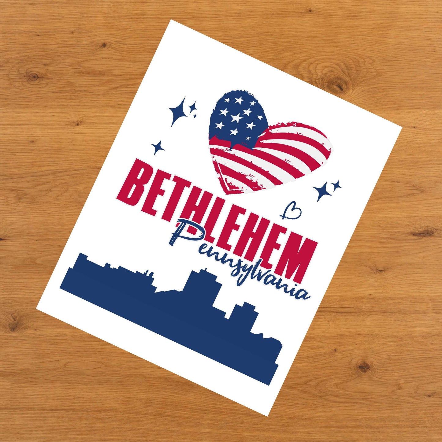 Bethlehem Pennsylvania Skyline American Flag Heart 4th of July 8"x10" Wall Art Print
