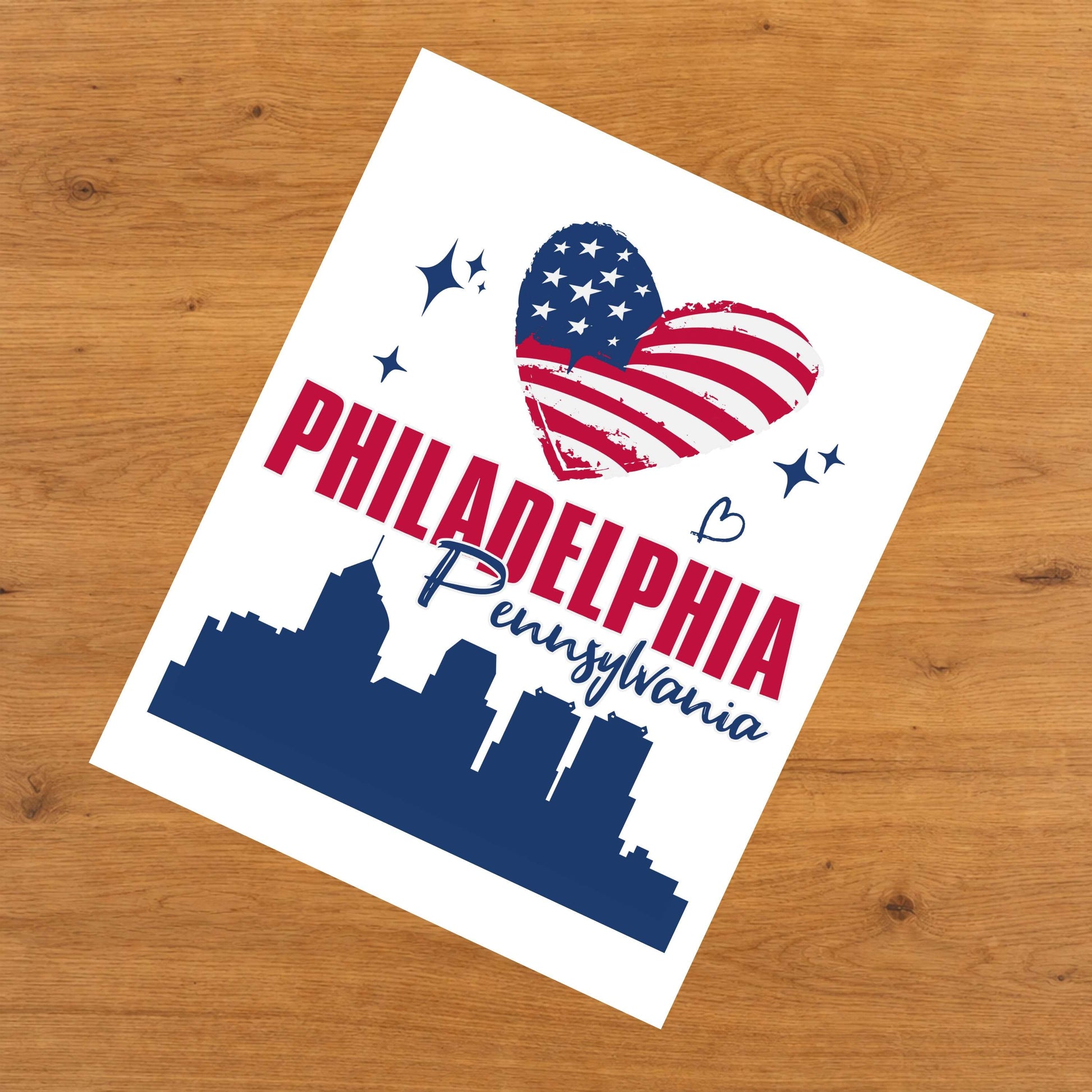 Philadelphia Pennsylvania Skyline American Flag Heart 4th of July 8"x10" Wall Art Print