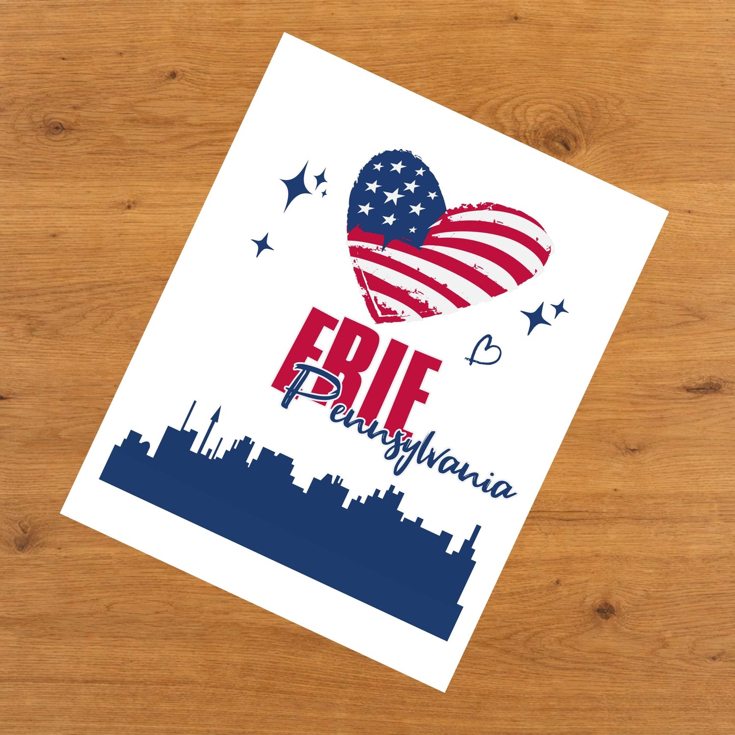 Erie Pennsylvania Skyline American Flag Heart 4th of July 8"x10" Wall Art Print