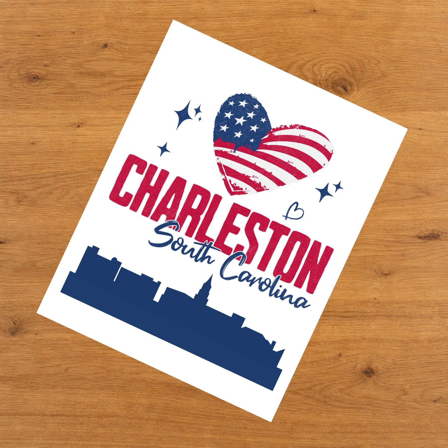 Charleston South Carolina Skyline American Flag Heart 4th of July 8"x10" Wall Art Print