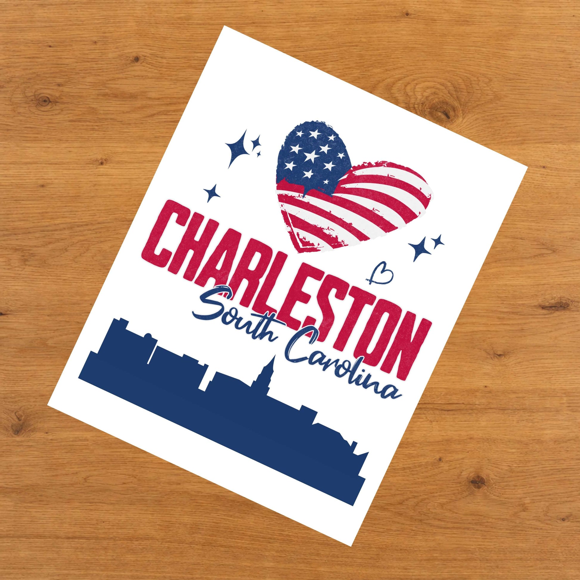 Charleston South Carolina Skyline American Flag Heart 4th of July 8"x10" Wall Art Print