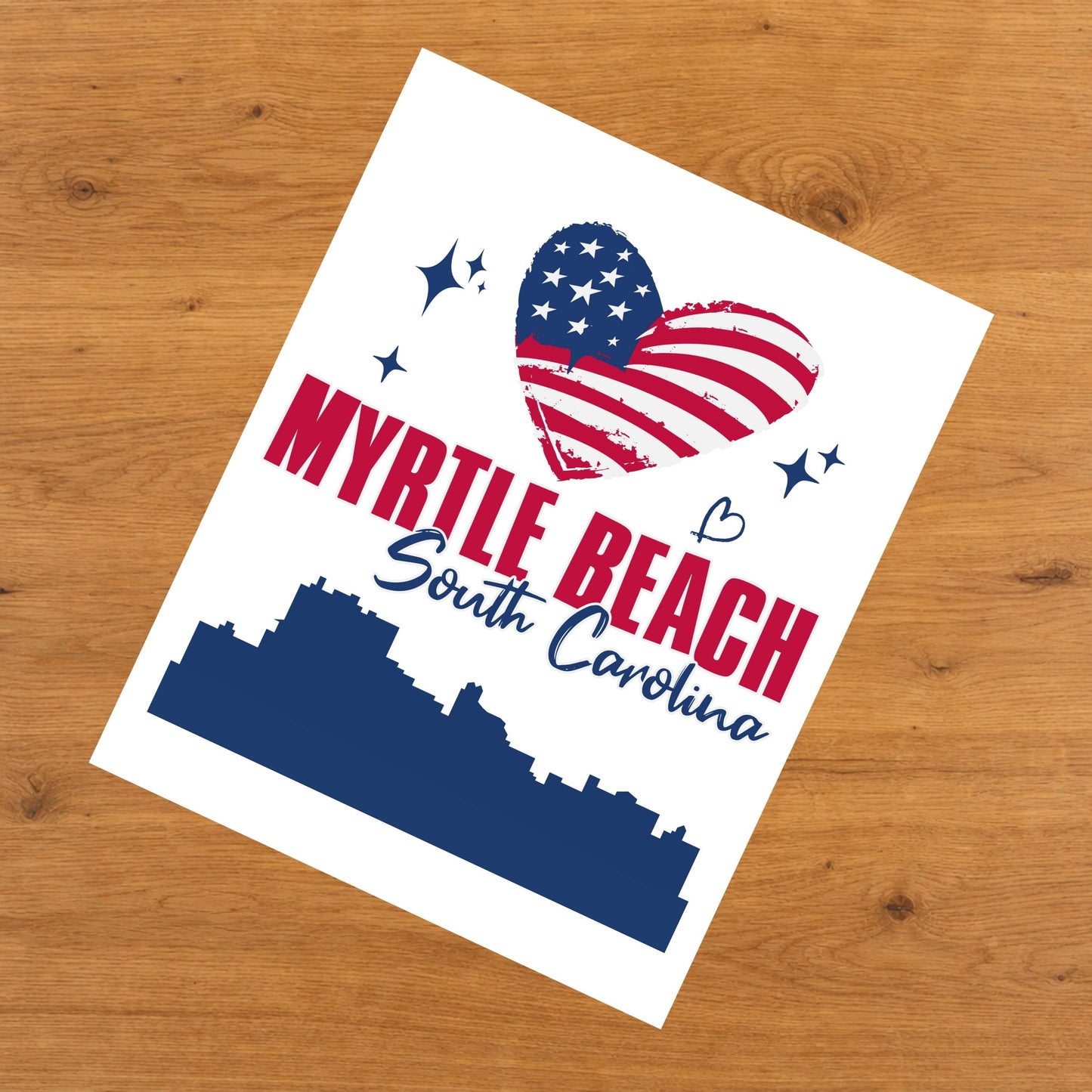 Myrtle Beach South Carolina Skyline American Flag Heart 4th of July 8"x10" Wall Art Print