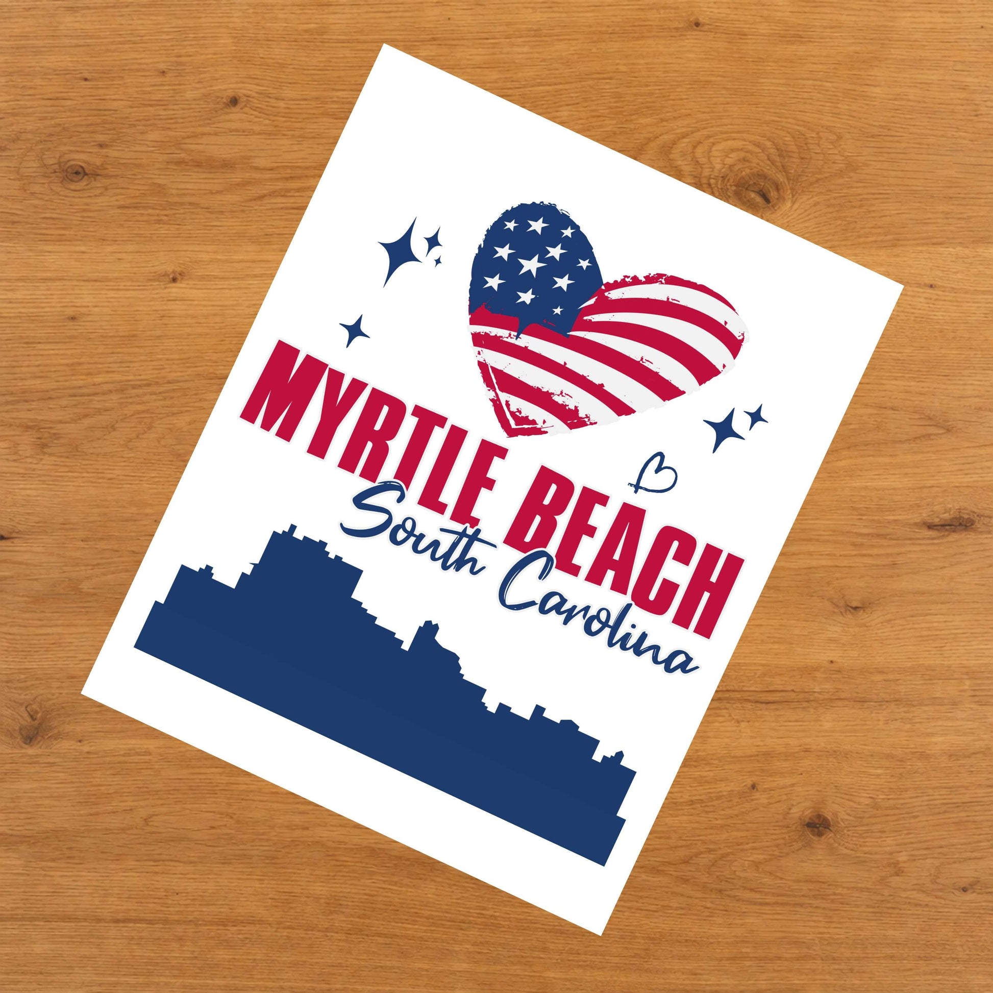 Myrtle Beach South Carolina Skyline American Flag Heart 4th of July 8"x10" Wall Art Print