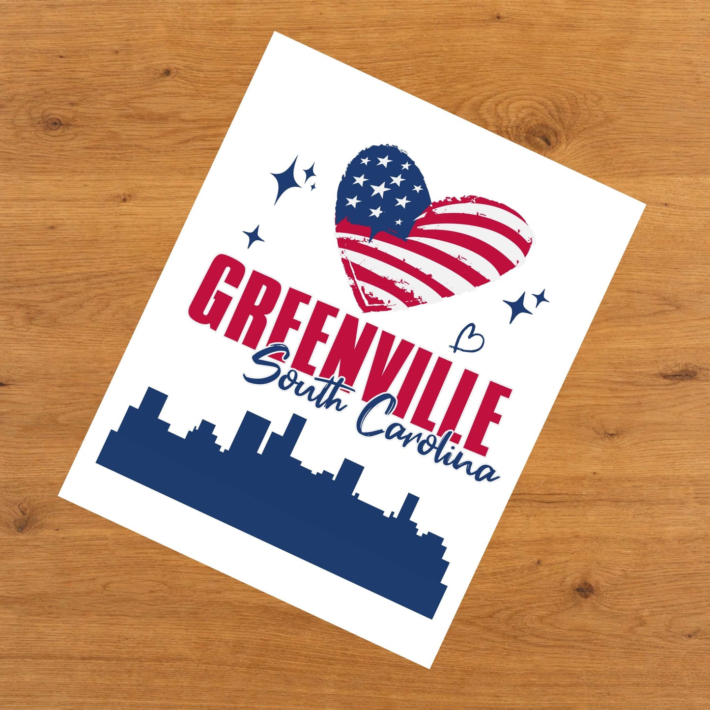 Greenville South Carolina Skyline American Flag Heart 4th of July 8"x10" Wall Art Print