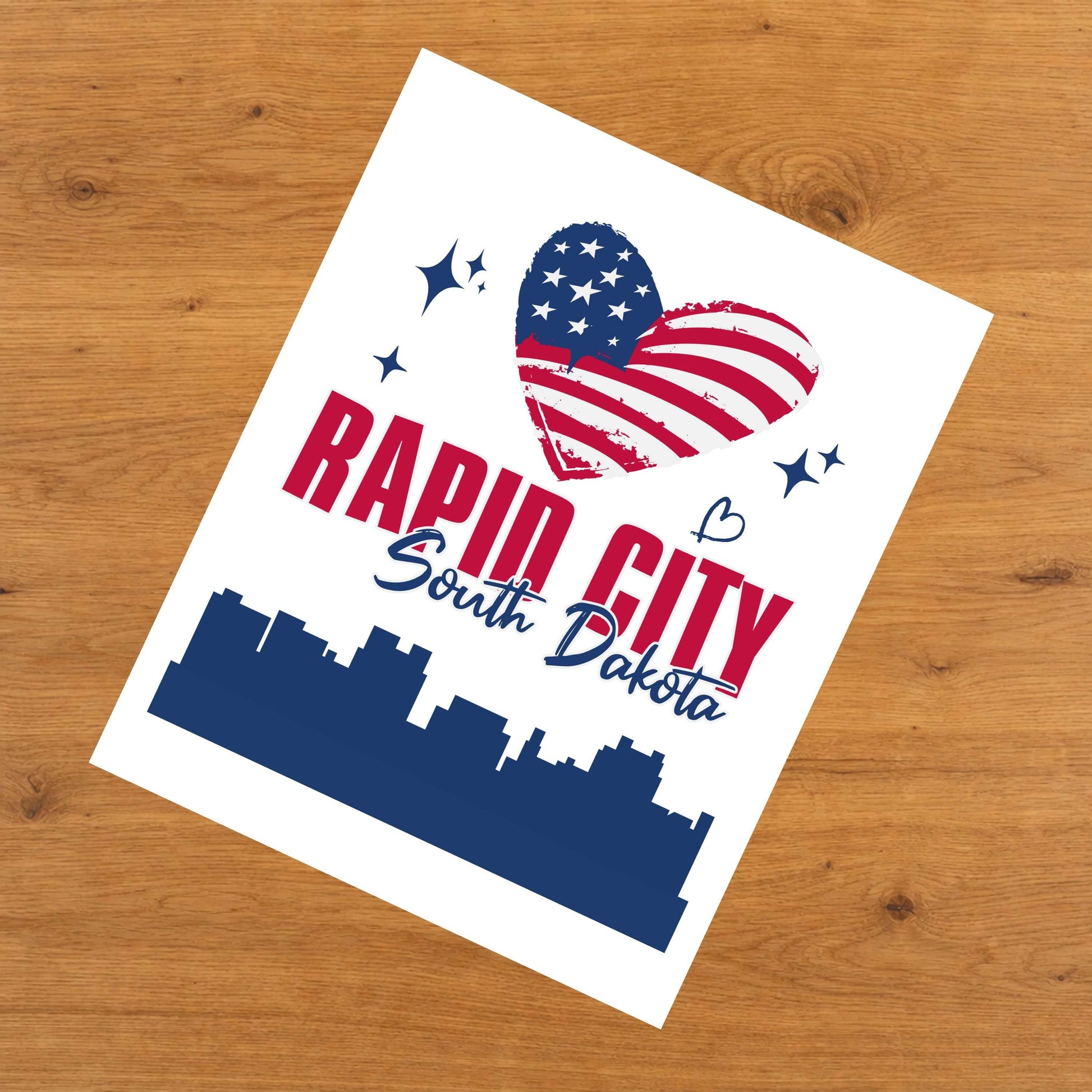 Rapid City South Dakota Skyline American Flag Heart 4th of July 8"x10" Wall Art Print