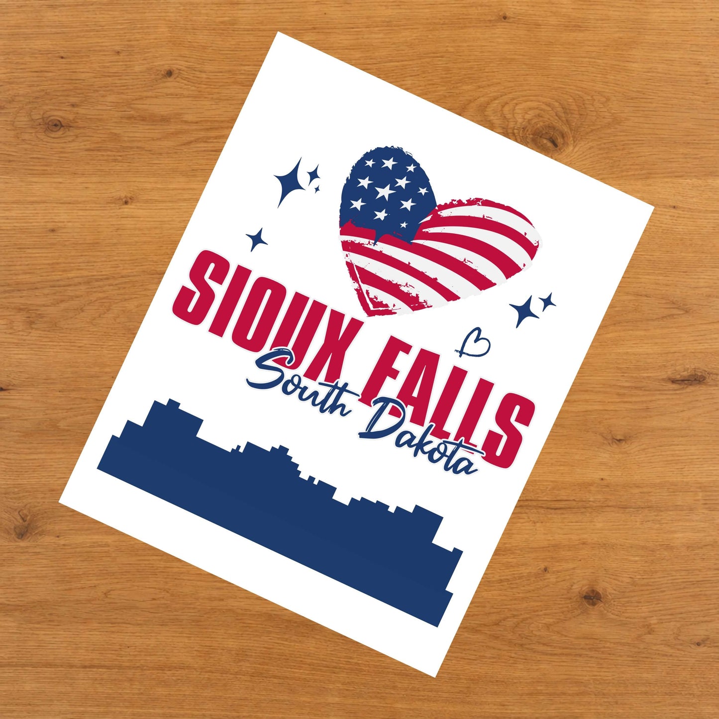 Sioux Falls South Dakota Skyline American Flag Heart 4th of July 8"x10" Wall Art Print