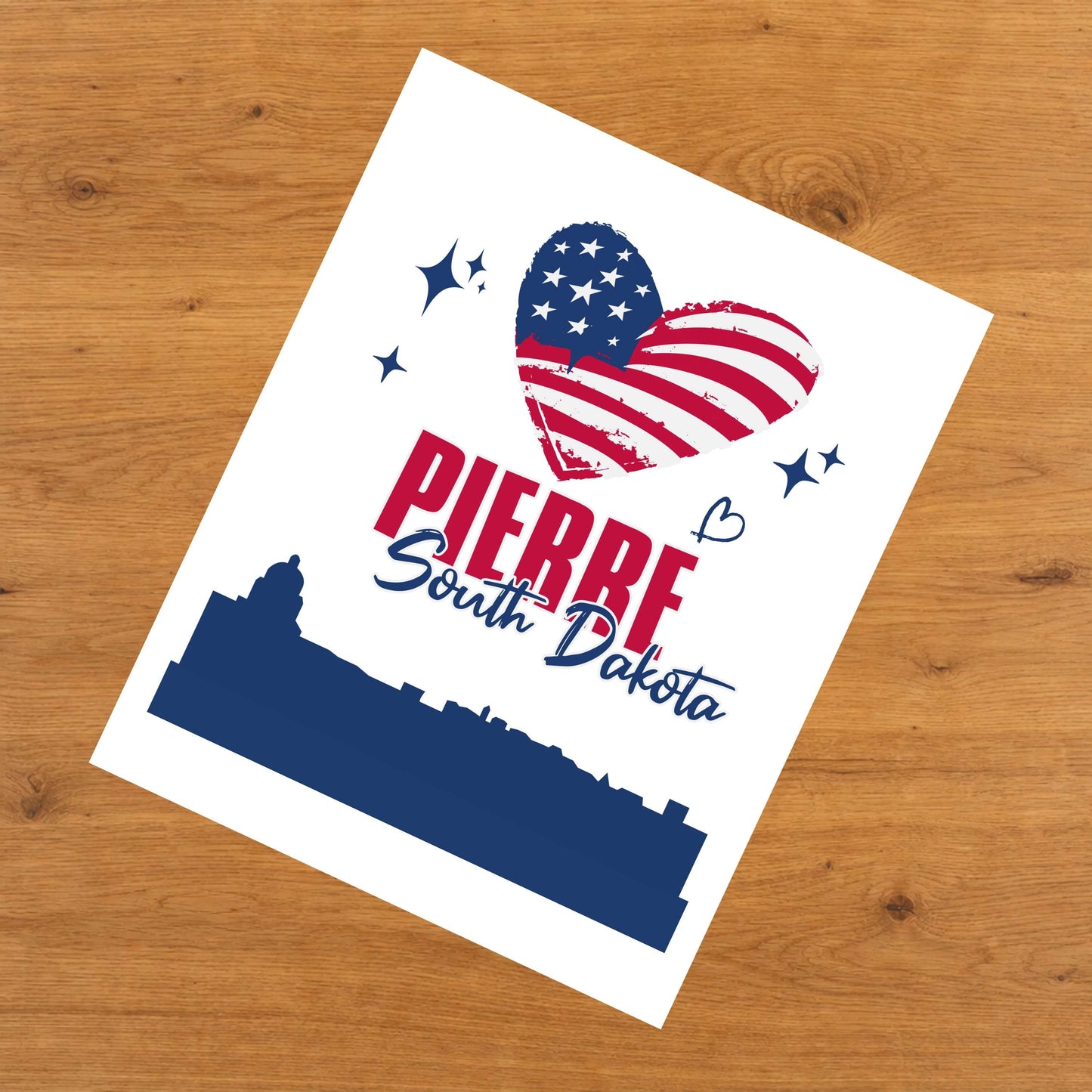 Pierre South Dakota Skyline American Flag Heart 4th of July 8"x10" Wall Art Print