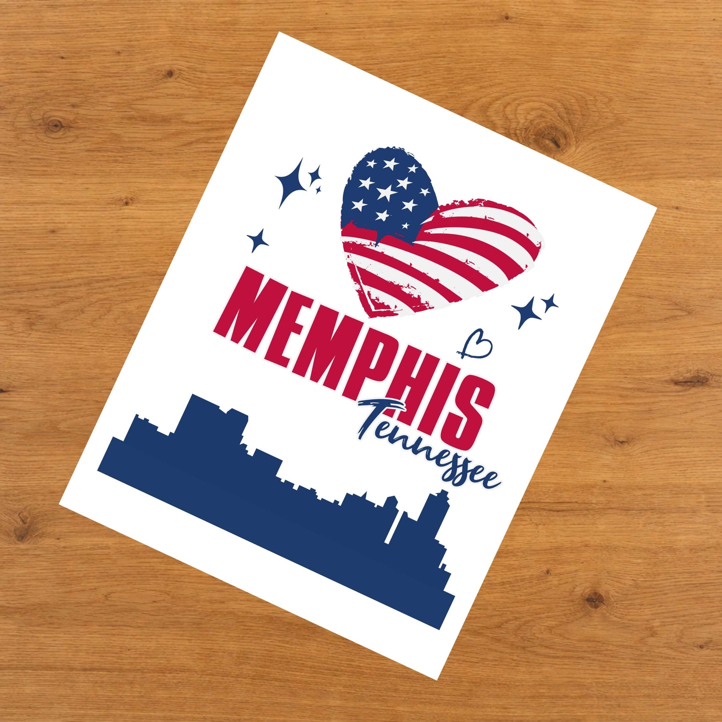 Memphis Tennessee Skyline American Flag Heart 4th of July 8"x10" Wall Art Print