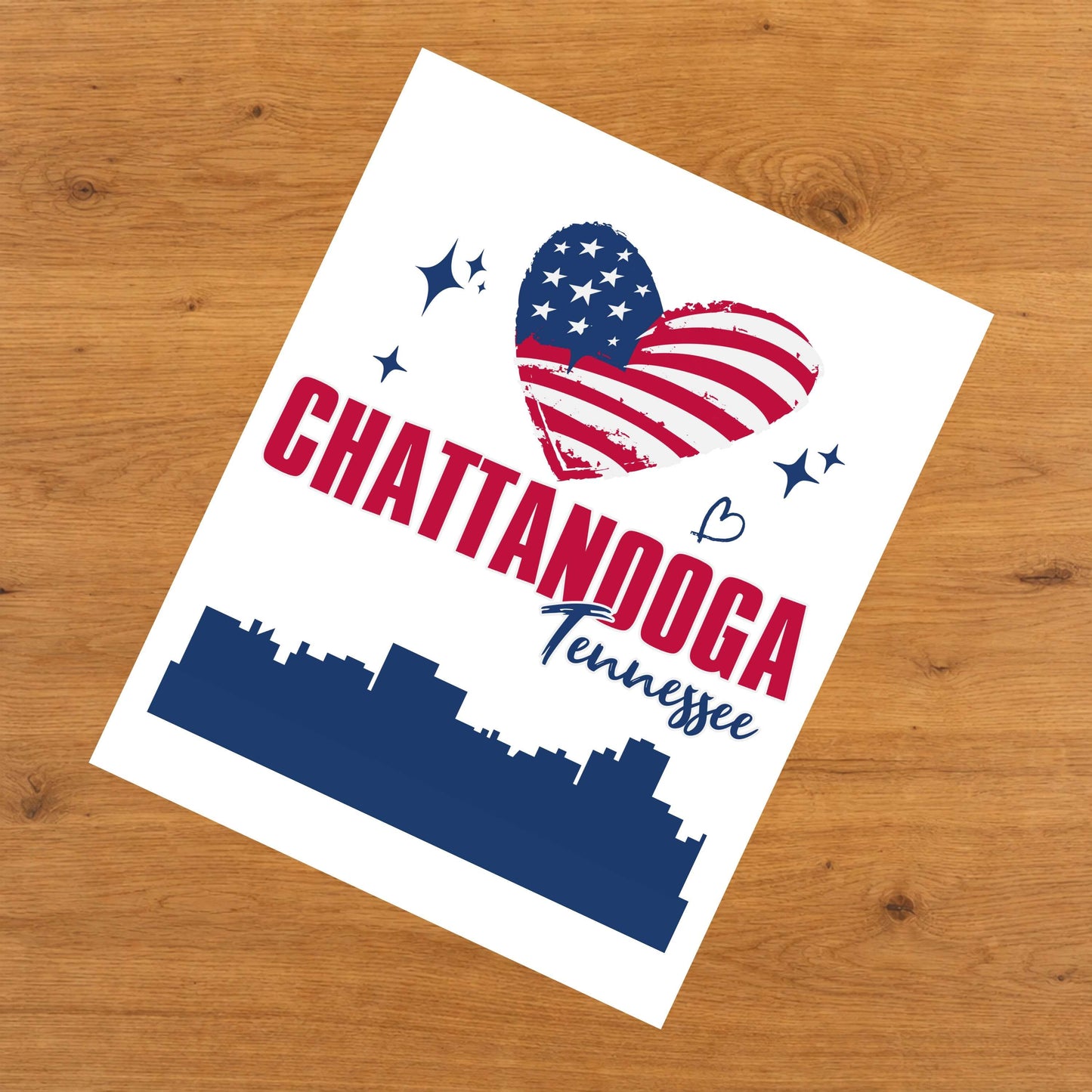 Chattanooga Tennessee Skyline American Flag Heart 4th of July 8"x10" Wall Art Print