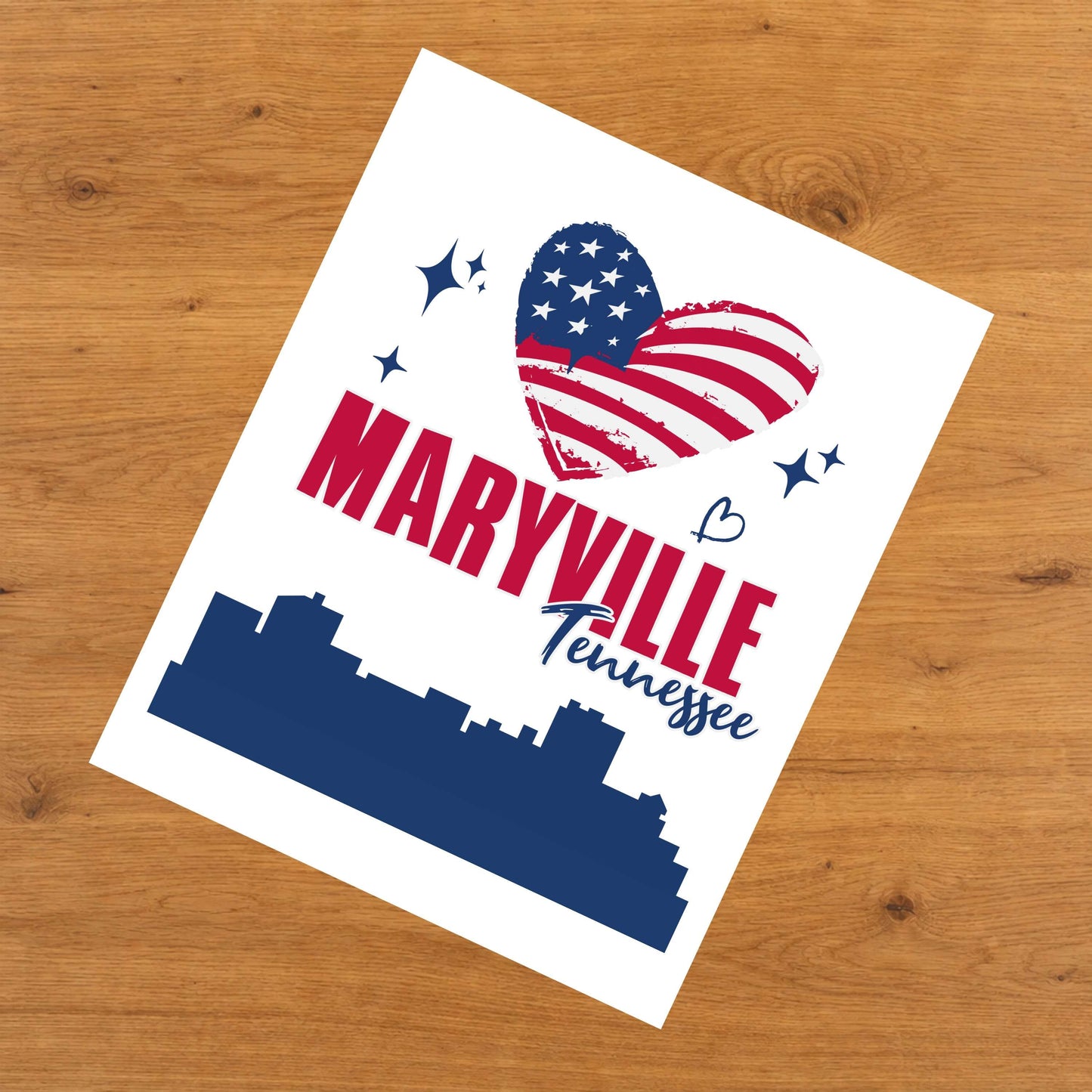 Maryville Tennessee Skyline American Flag Heart 4th of July 8"x10" Wall Art Print