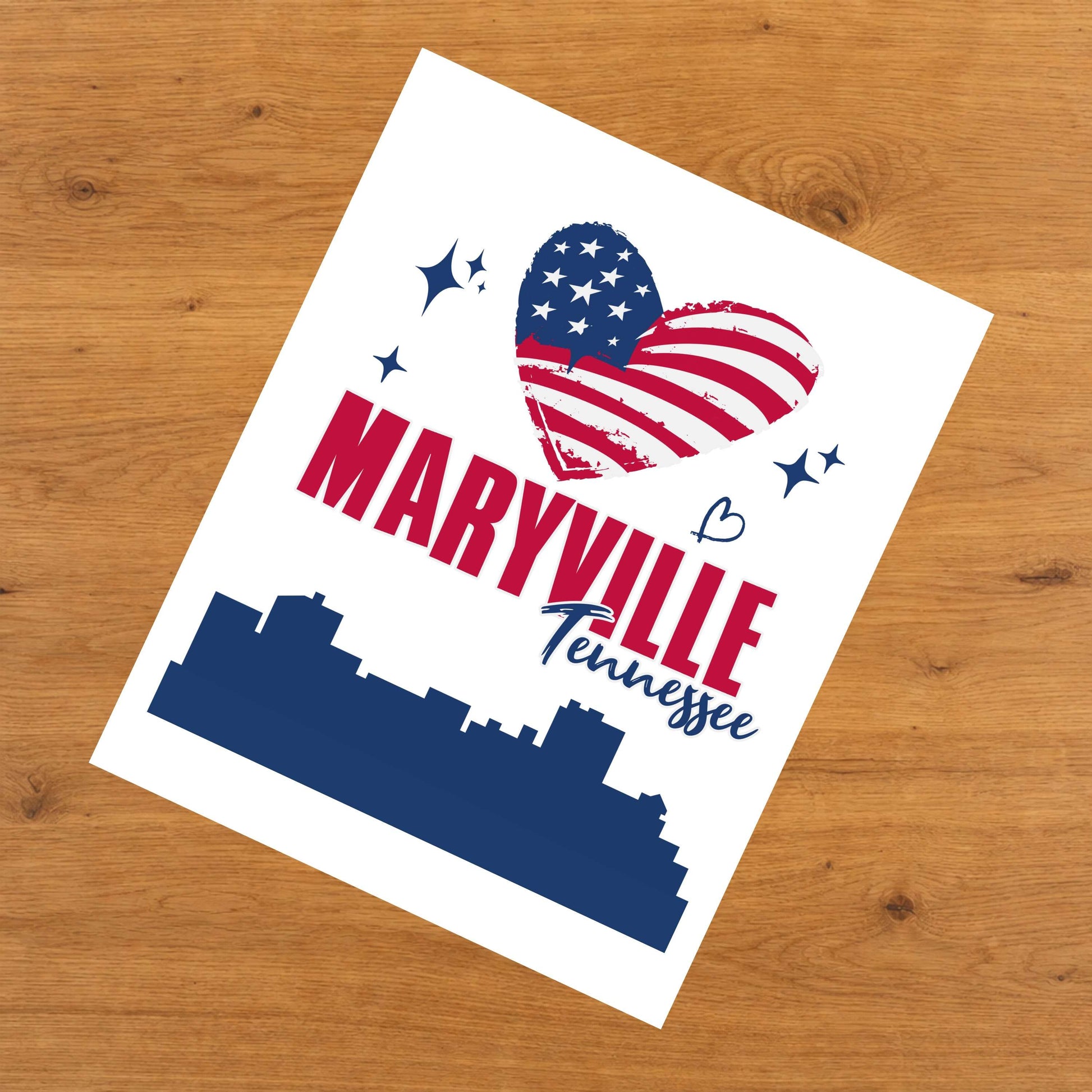 Maryville Tennessee Skyline American Flag Heart 4th of July 8"x10" Wall Art Print