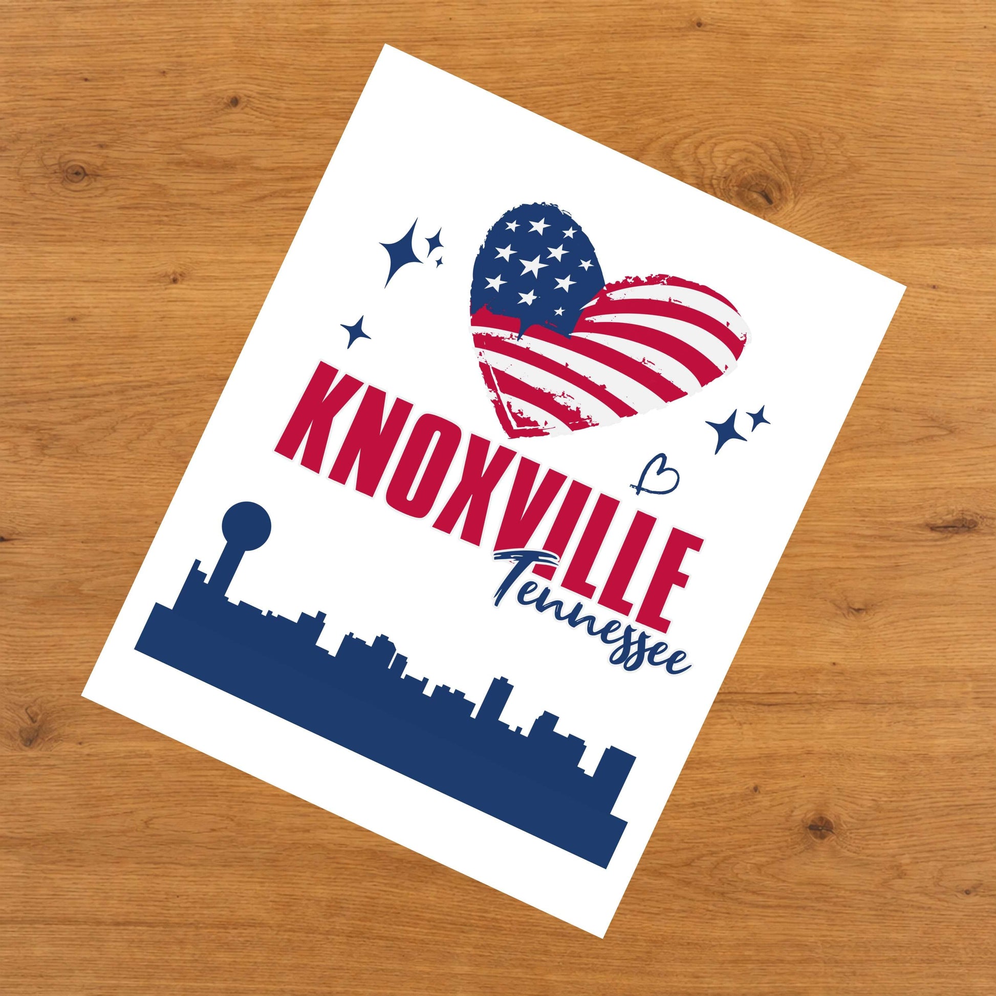 Knoxville Tennessee Skyline American Flag Heart 4th of July 8"x10" Wall Art Print
