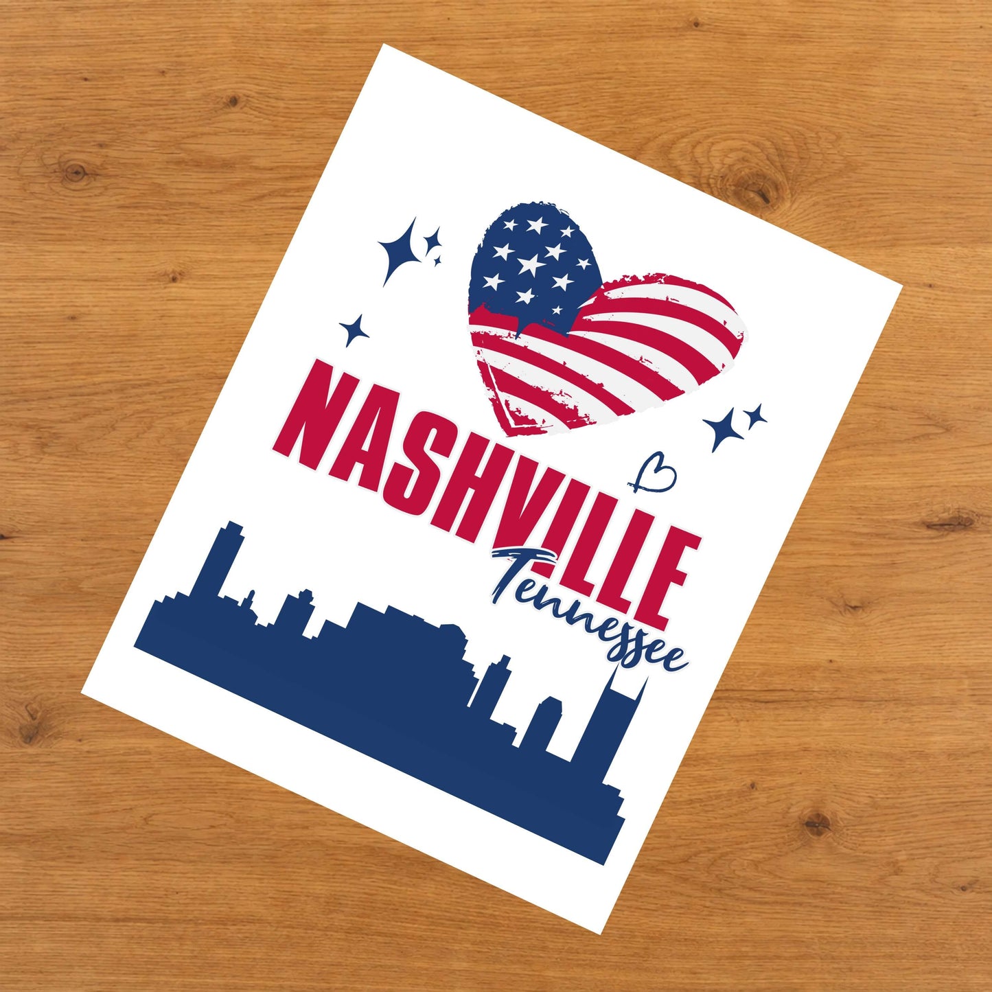 Nashville Tennessee Skyline American Flag Heart 4th of July 8"x10" Wall Art Print
