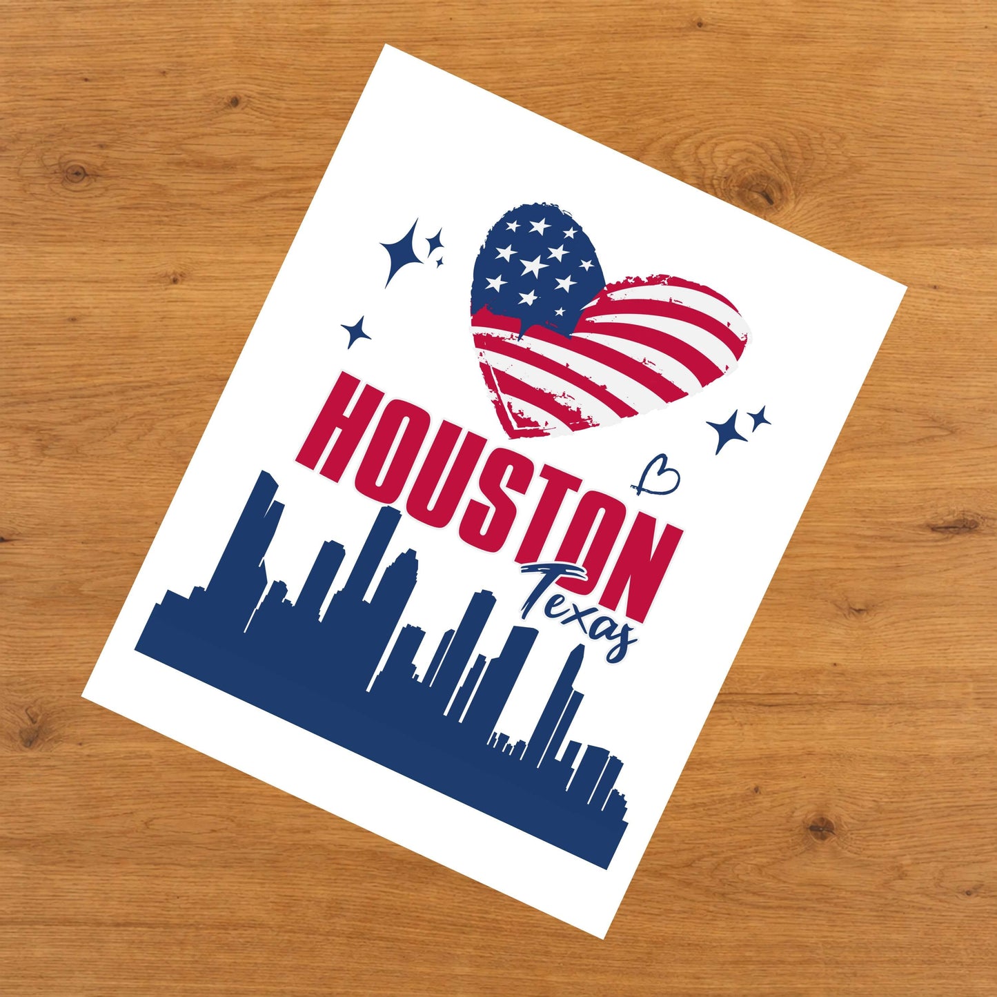 Houston Texas Skyline American Flag Heart 4th of July 8"x10" Wall Art Print